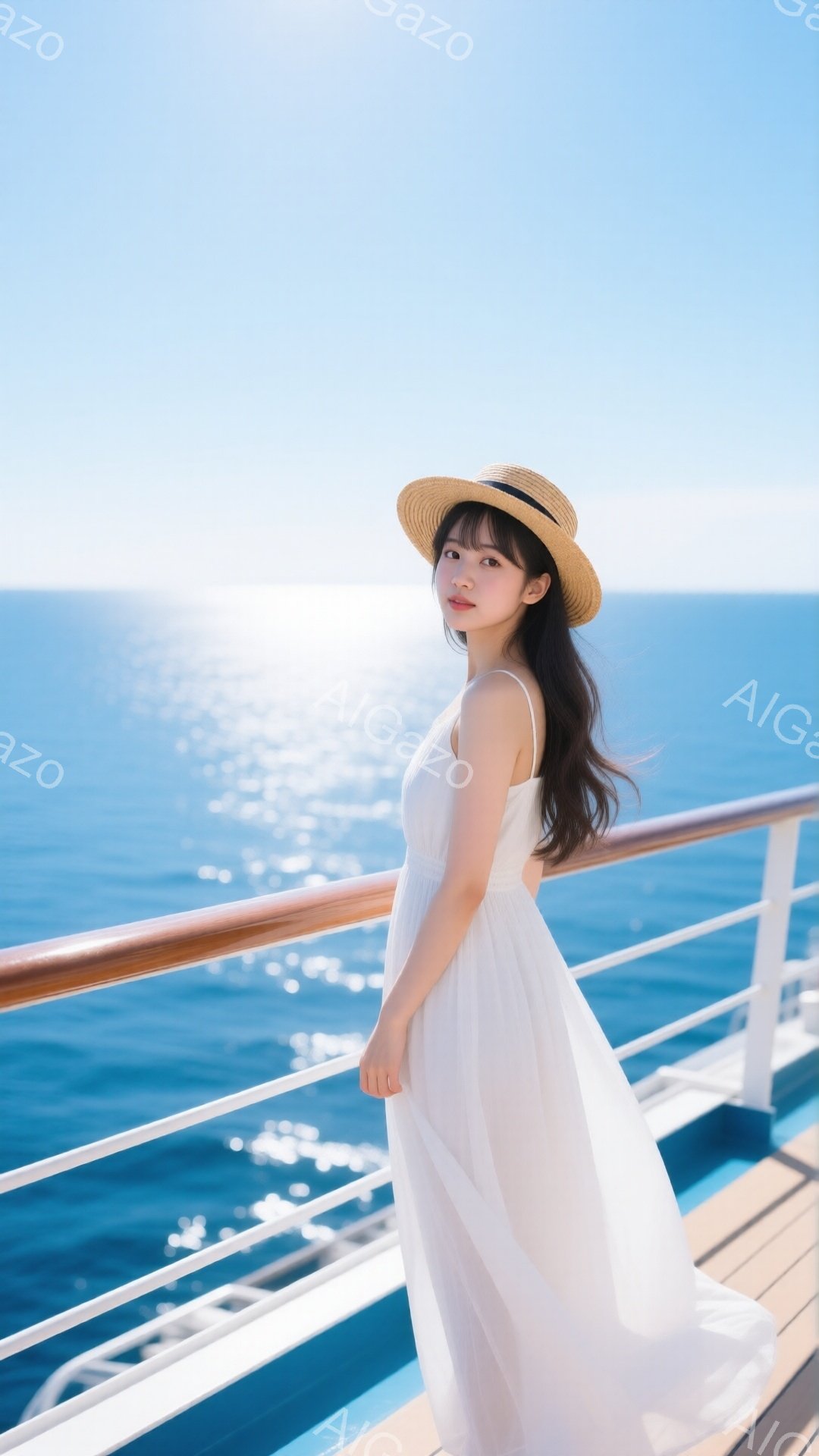 長い黒髪に麦わら帽子をかぶり、白いキャミソールワンピースを着た女性が写っている。彼女は船のデッキに寄りかかり、穏やかな笑顔を浮かべている。背景には青い海が広がり、太陽の光が反射してキラキラと輝いている、爽やかで開放的な雰囲気の画像だ。