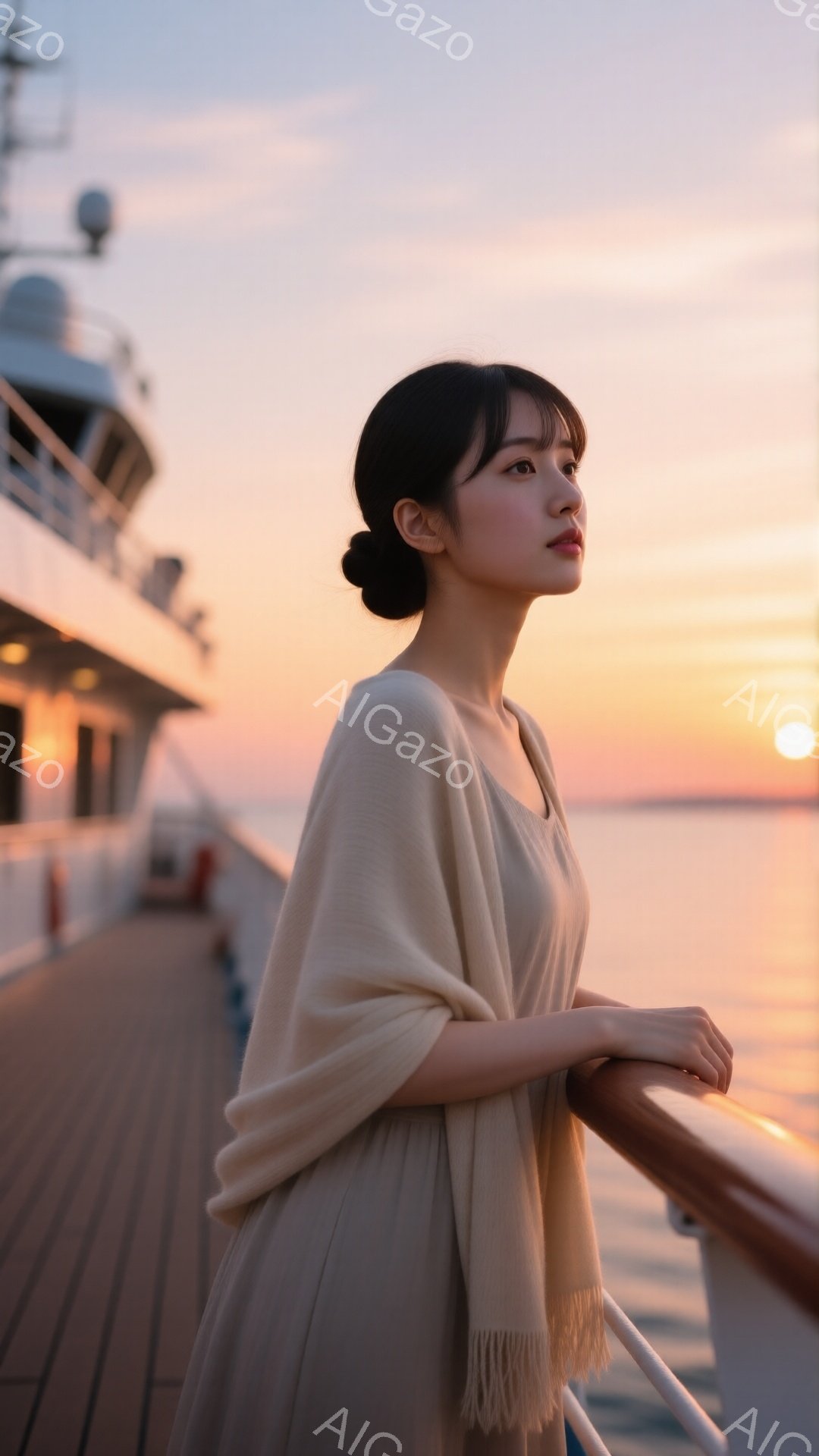 長い黒髪を後ろでまとめた女性が、船のデッキに寄りかかって夕日を見ている。ベージュ色のショールを羽織り、少し憂いを帯びた表情で遠くを見つめている。背景には穏やかな海と燃えるような夕焼け空が広がり、静かで穏やかな雰囲気を醸し出している。