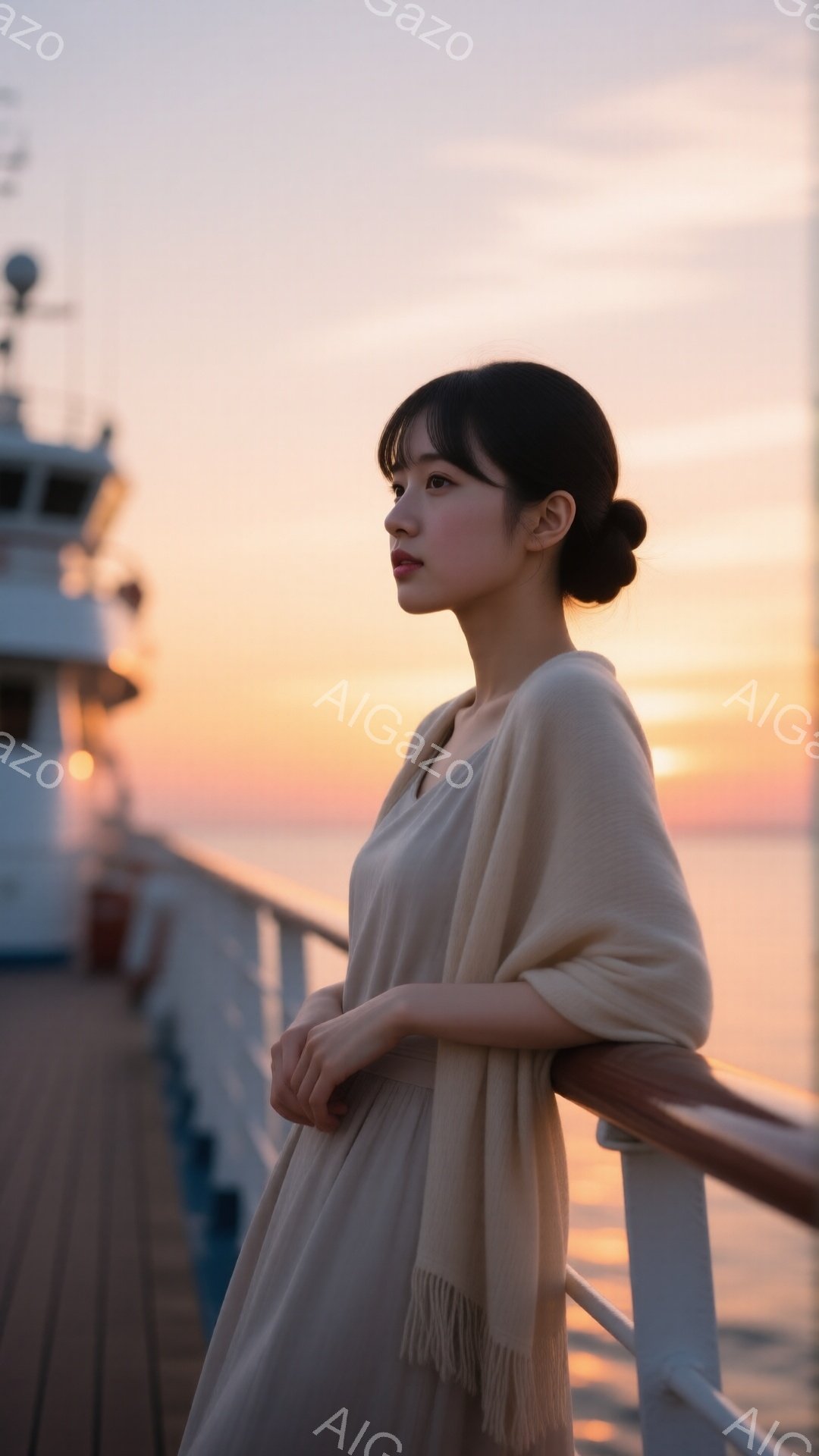長い髪を後ろでまとめた女性が、クリーム色のワンピースとショールを身につけている。彼女は船のデッキの手すりに寄りかかり、遠くを見つめており、その表情は穏やかでどこか物憂げだ。背景には夕焼けの空と海が広がり、暖かく幻想的な雰囲気を醸し出している。