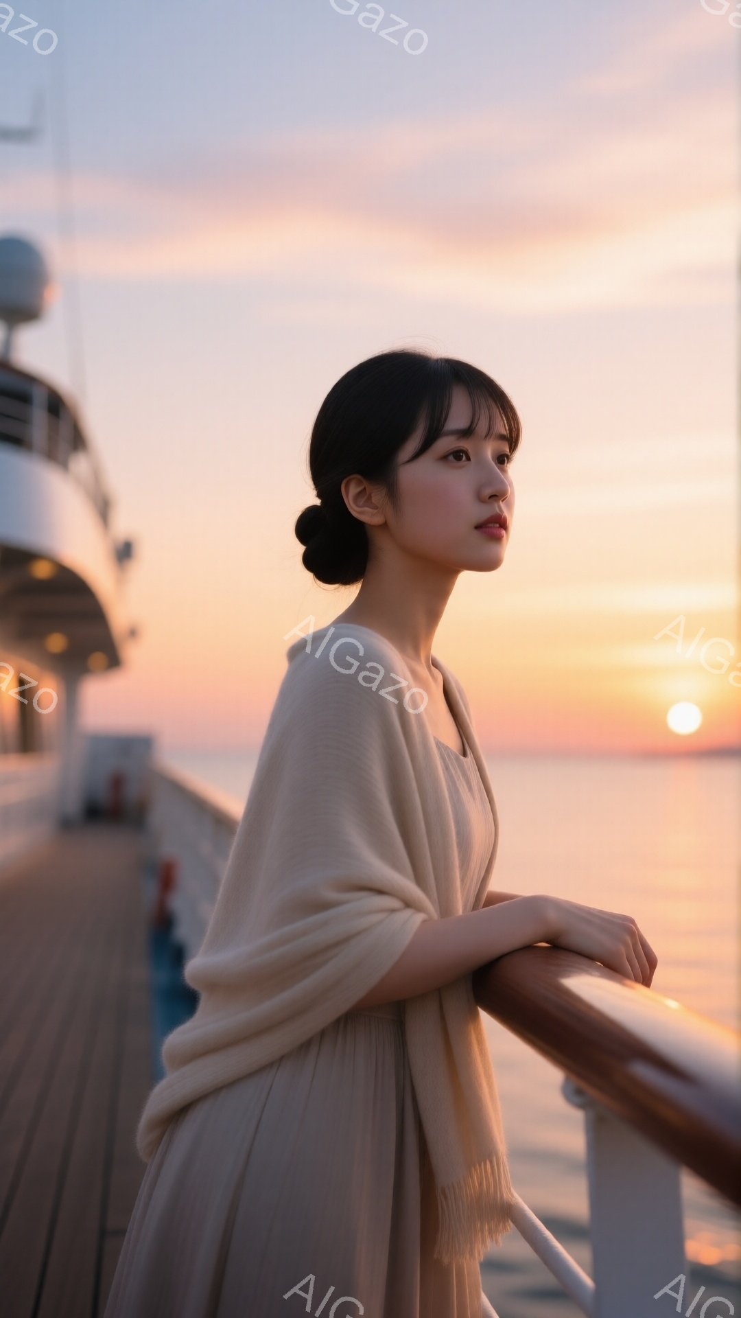 長い黒髪を後ろでまとめ、ベージュ色の薄手のショールとワンピースを身につけた女性が、船のデッキの手すりに寄りかかっている。彼女は遠くの水平線を見つめ、やや物憂げな表情をしている。背景には夕焼け空が広がり、海面がオレンジ色に染まっており、穏やかで郷愁的な雰囲気を醸し出している。