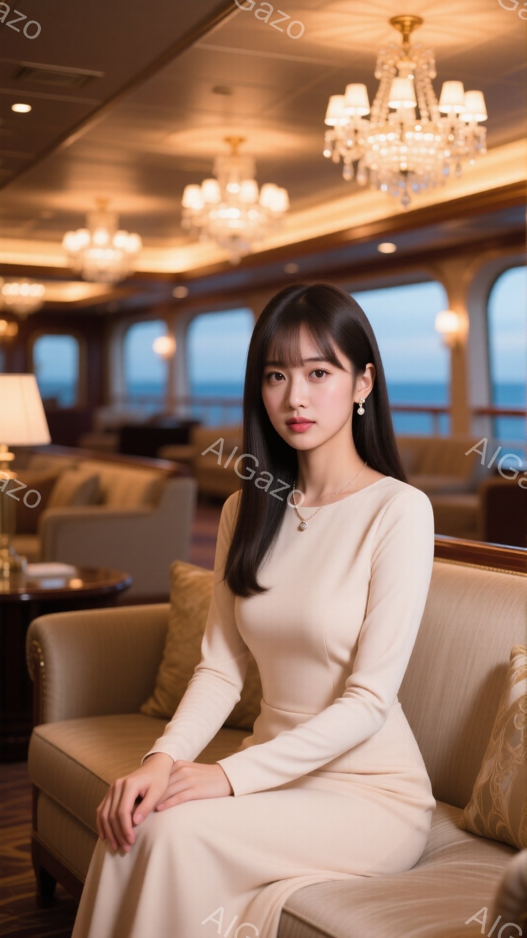 長い黒髪で、前髪が少しカールしている女性が、ベージュ色の長袖ワンピースを着てソファーに座っています。彼女は控えめな笑顔で、上品な雰囲気です。背景は豪華客船のラウンジで、窓からは穏やかな海が見え、シャンデリアが暖かく照らしています。