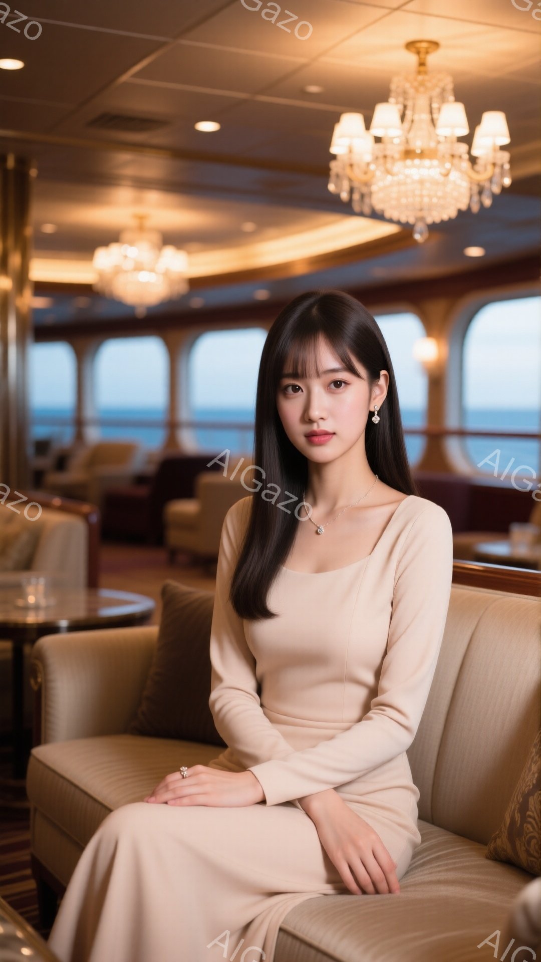 画像には、ベージュ色の長袖ワンピースを着た若い女性が、クリーム色のソファに座って正面を見ている様子が写っています。彼女は黒髪のロングヘアで、控えめな微笑みを浮かべており、上品なアクセサリーを身につけています。背景には、豪華客船のインテリアと、窓から見える穏やかな海が見え、全体的に落ち着いた、優雅な雰囲気が漂っています。