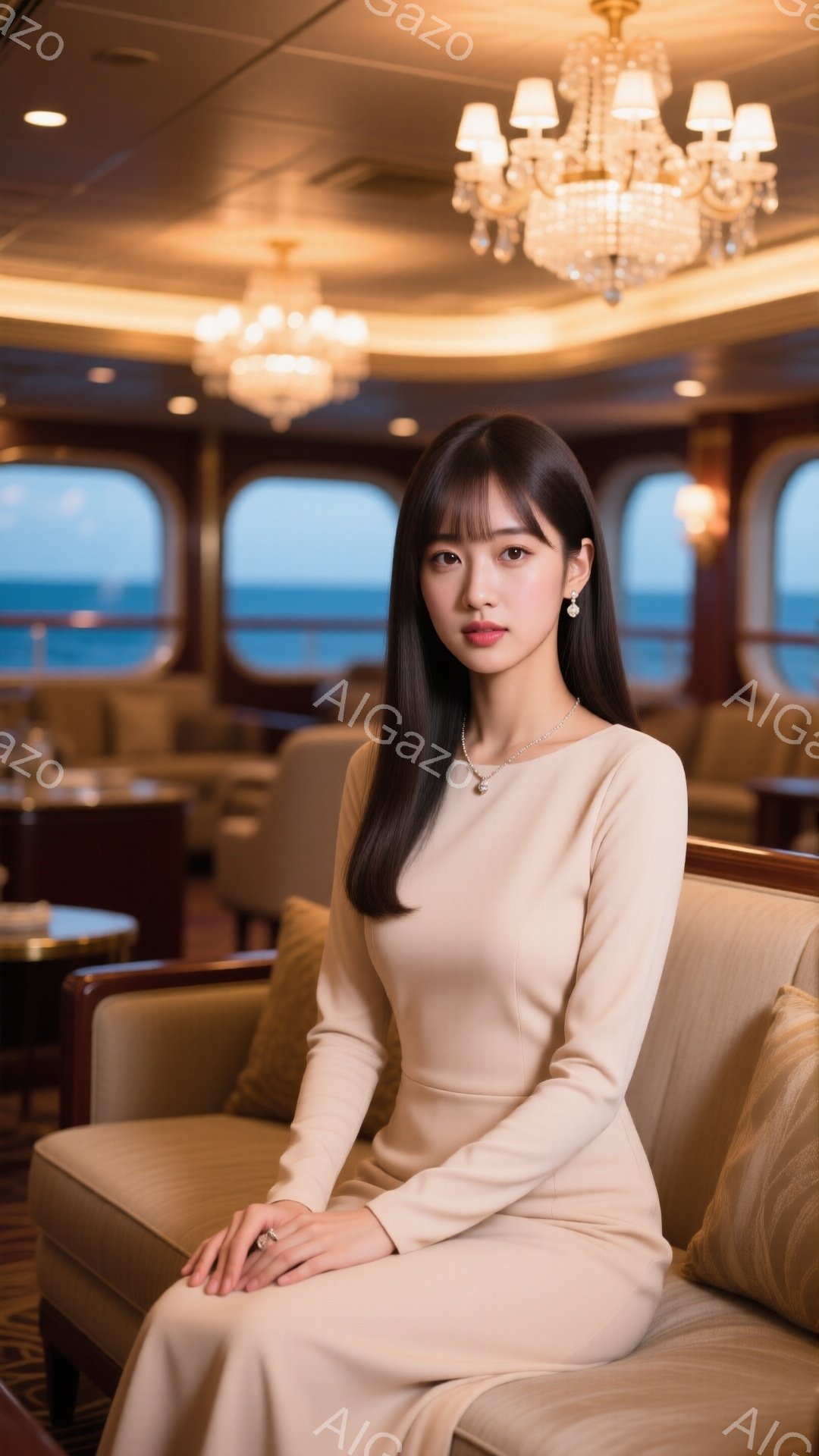 画像には、ベージュ色の長袖のワンピースを着た若い女性が座っています。彼女は長い黒髪で、控えめな笑顔を浮かべており、上品な印象を与えます。背景は豪華客船の室内で、窓からは海が見え、優雅で落ち着いた雰囲気が漂っています。