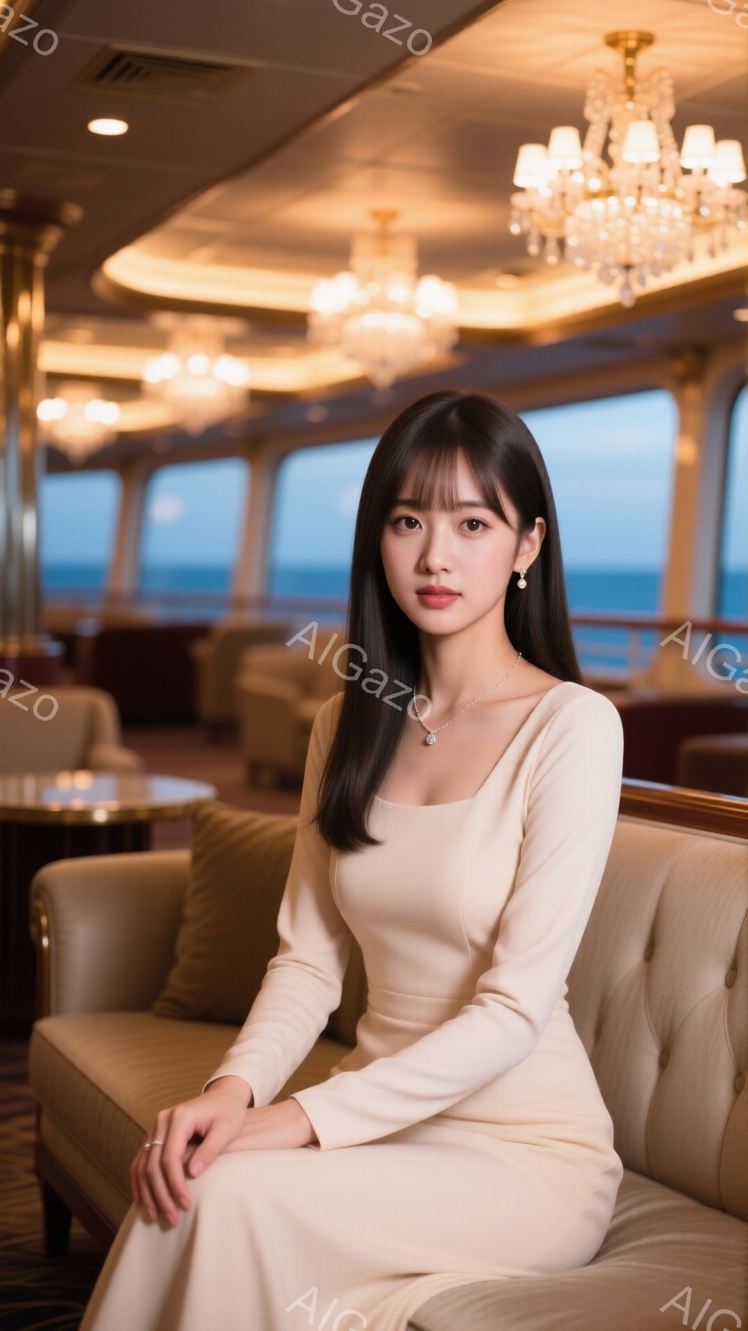 ベージュ色の体にフィットした長袖のワンピースを着た若い女性が、クリーム色のソファに座っています。彼女は長い黒髪で、顔には穏やかな微笑みが浮かんでいます。背景は豪華客船のラウンジで、暖色系の照明と海が見えます。