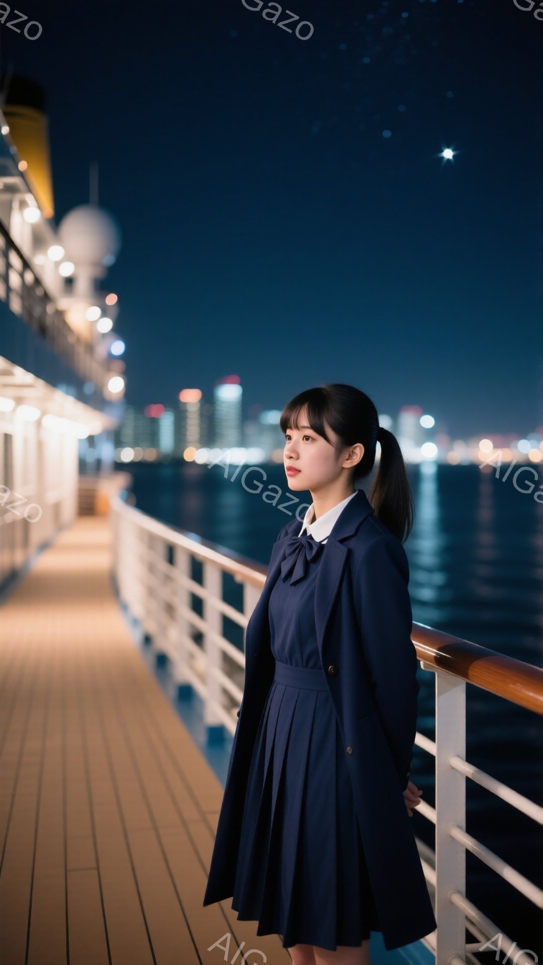 深い青色の制服を着た若い女性が、夜の海を背景に船の上で立っています。彼女は肩まで伸ばした黒髪をポニーテールにし、少し微笑んだ表情で遠くを見つめています。背景には、光り輝く夜景の都市と、星が散りばめられた暗い空が広がっており、静かでロマンチックな雰囲気を醸し出しています。