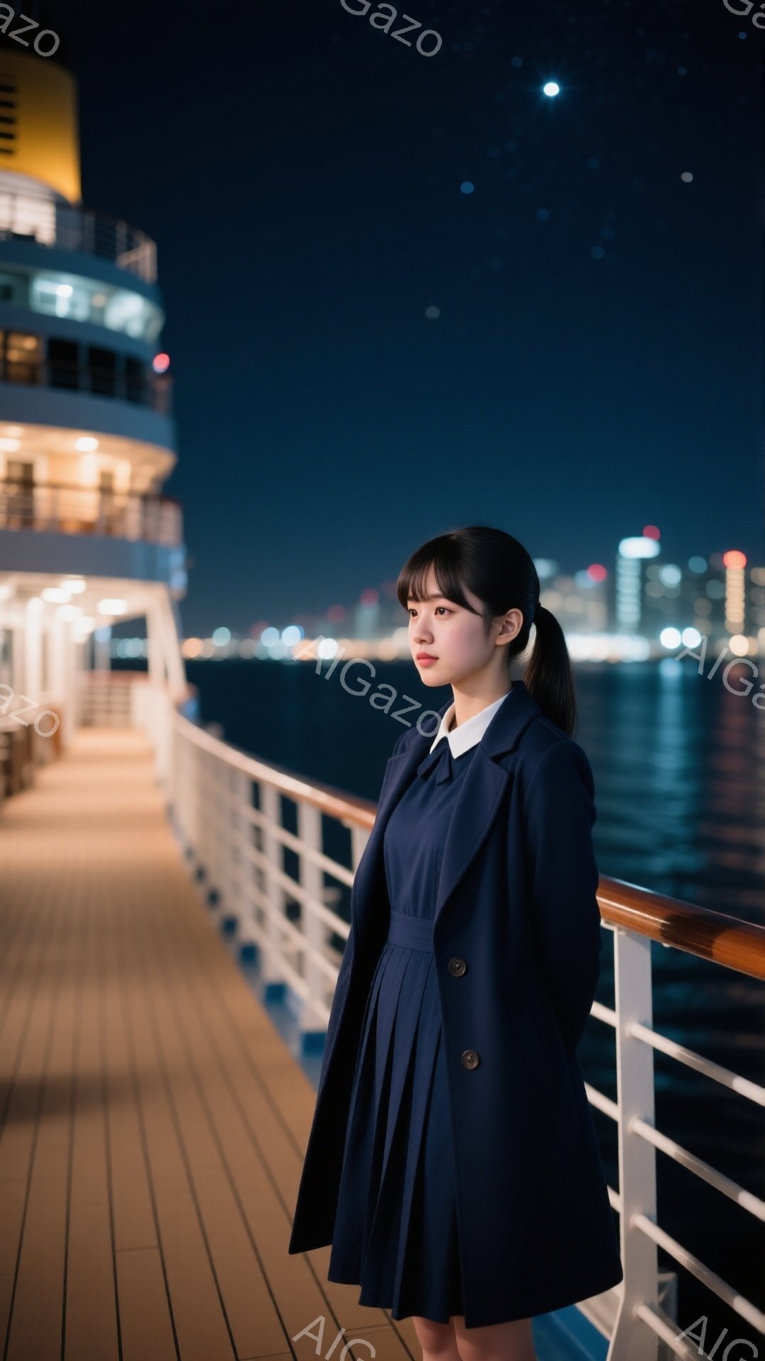 深い青色のコートを羽織った若い女性が、船のデッキに立っている。彼女は黒いストレートヘアをポニーテールにし、少し憂いを帯びた表情で遠くを見つめている。背景には夜景の街並みと暗い海が広がり、星空が煌めいている。