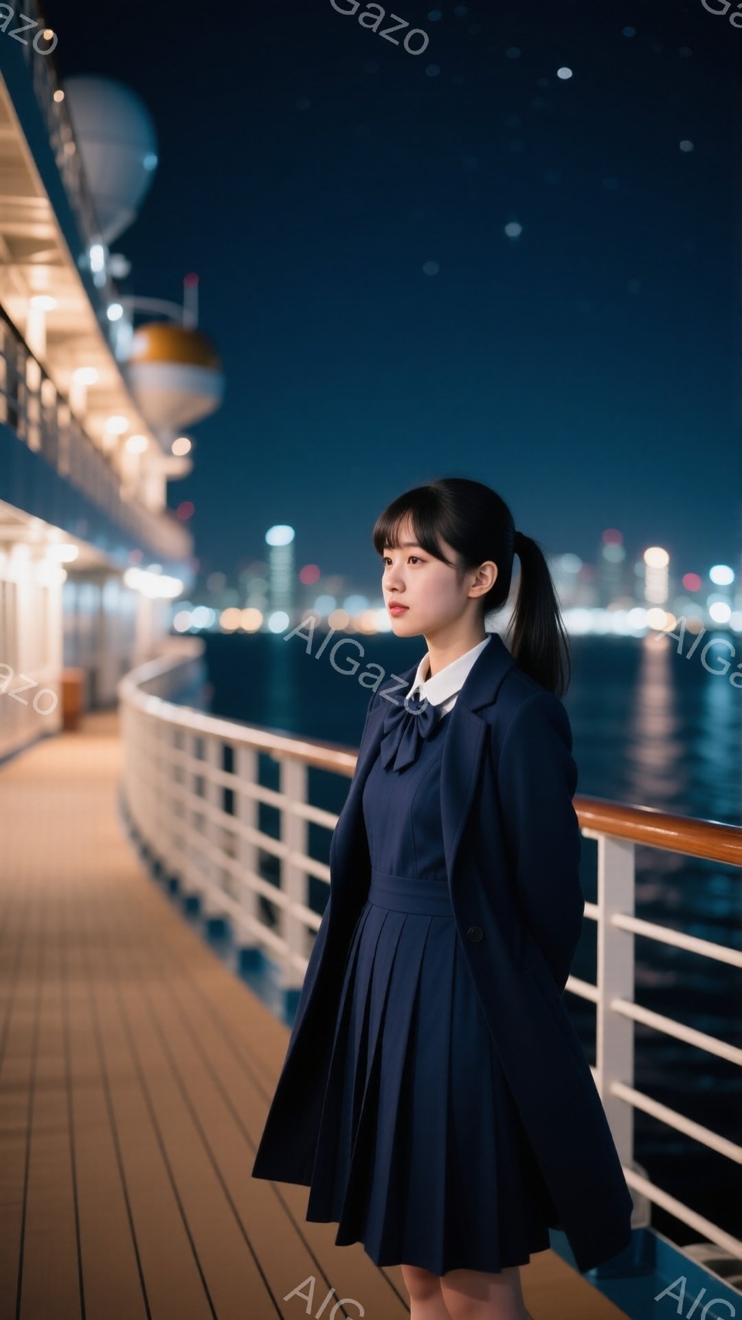 深い青色の制服のようなワンピースを着た若い女性が、船のデッキに立っている。彼女は髪を後ろでポニーテールにしており、少し物憂げな表情で遠くを見つめている。背景には夜の街並みと海が広がり、星空が煌めき、静かでロマンチックな雰囲気を醸し出している。