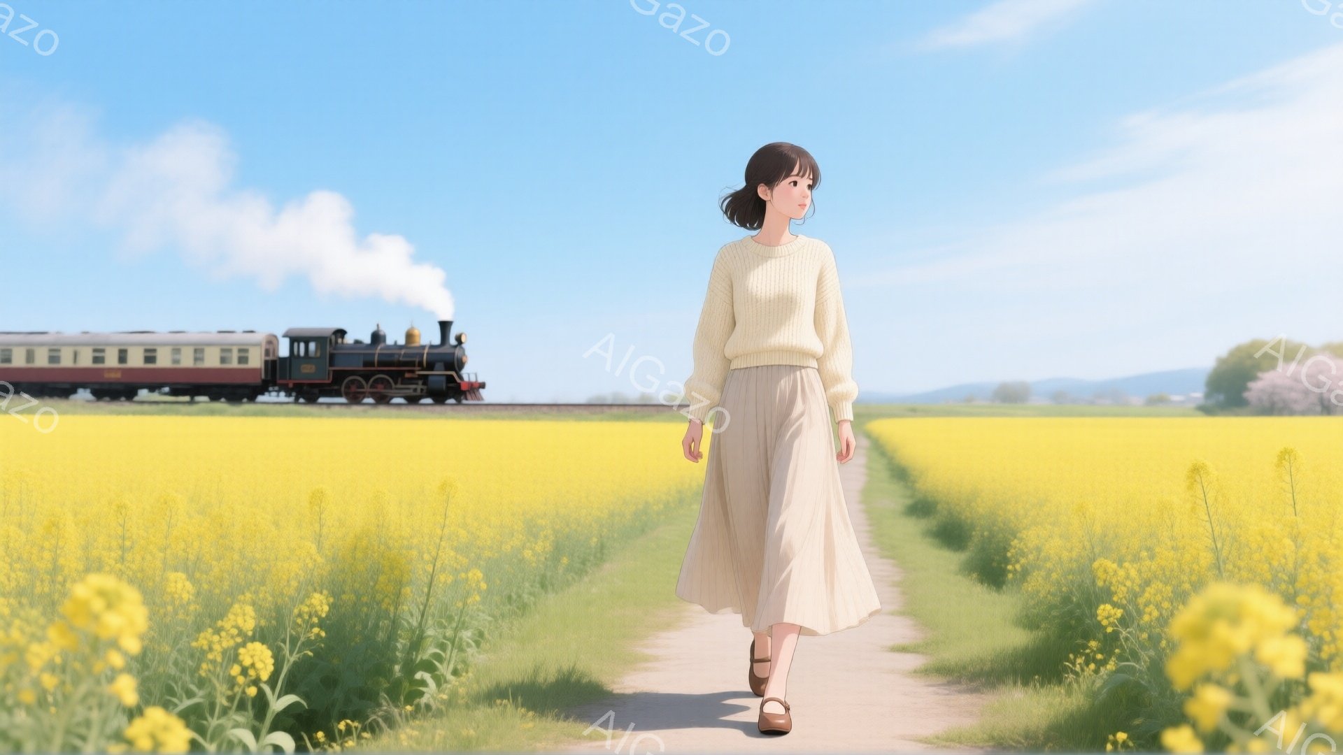 明るい黄色の菜の花畑を、ベージュのゆったりとしたスカートと白いセーターを着た女性が歩いている。彼女は後ろ髪をまとめ、穏やかな表情で遠くを見つめている。背景には蒸気機関車が走り、青空と菜の花畑が広がり、暖かく穏やかな雰囲気を醸し出している。