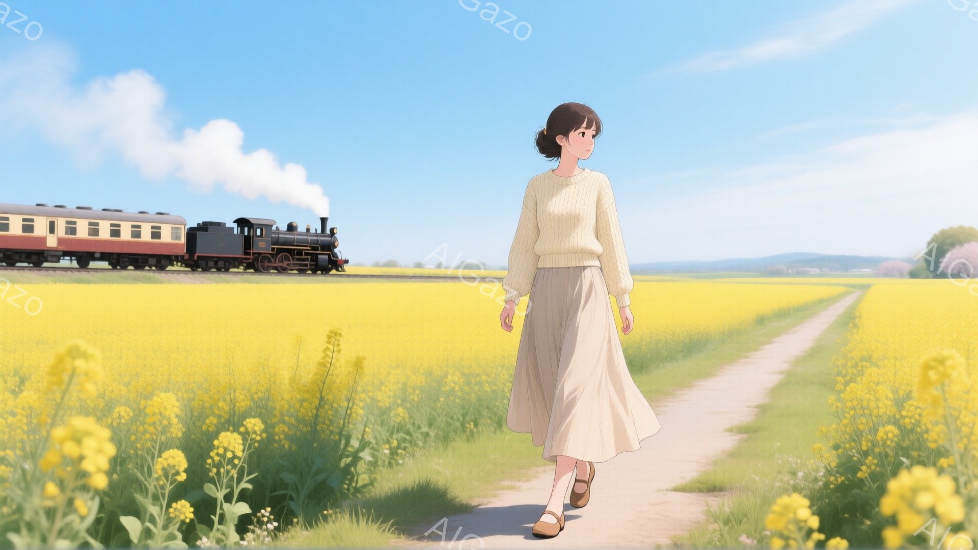 明るい青空の下、一面の菜の花畑を女性が歩いている。ベージュのセーターとロングスカートを身につけ、髪は肩までの長さで後ろで一つにまとめられている。背景には蒸気機関車が走り、遠くには緑の丘が見える、穏やか - AI生成フリー素材