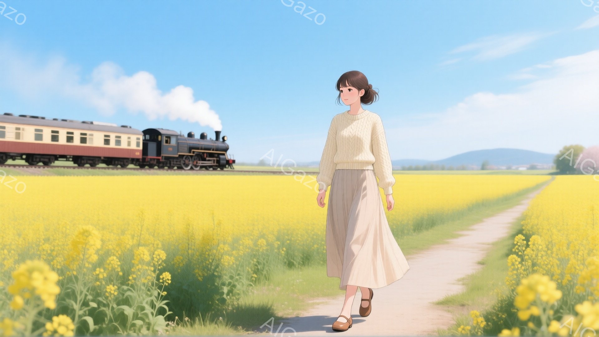 金色の菜の花畑を歩く女性が描かれています。ベージュのセーターとロングスカートを着用し、少し微笑んだ表情で前を見つめています。背景には蒸気機関車が走り、遠くには山々が連なり、晴れた空と明るい日差しが春の穏やかな雰囲気を醸し出しています。