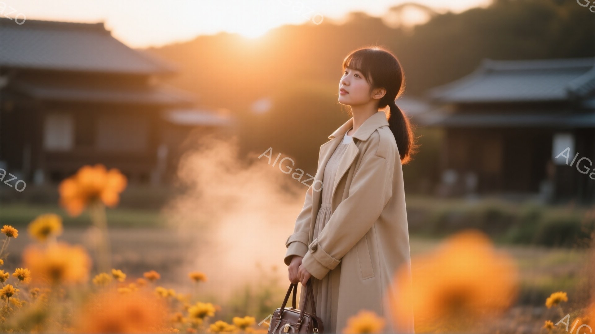 明るいオレンジ色の花畑の中に、ベージュのトレンチコートを着た女性が立っている。彼女は黒髪をポニーテールにし、少し上を見上げて穏やかな表情を浮かべている。背景には木造建築が見え、夕暮れ時の暖かく柔らかい光が全体を包み込み、ノスタルジックな雰囲気を醸し出している。