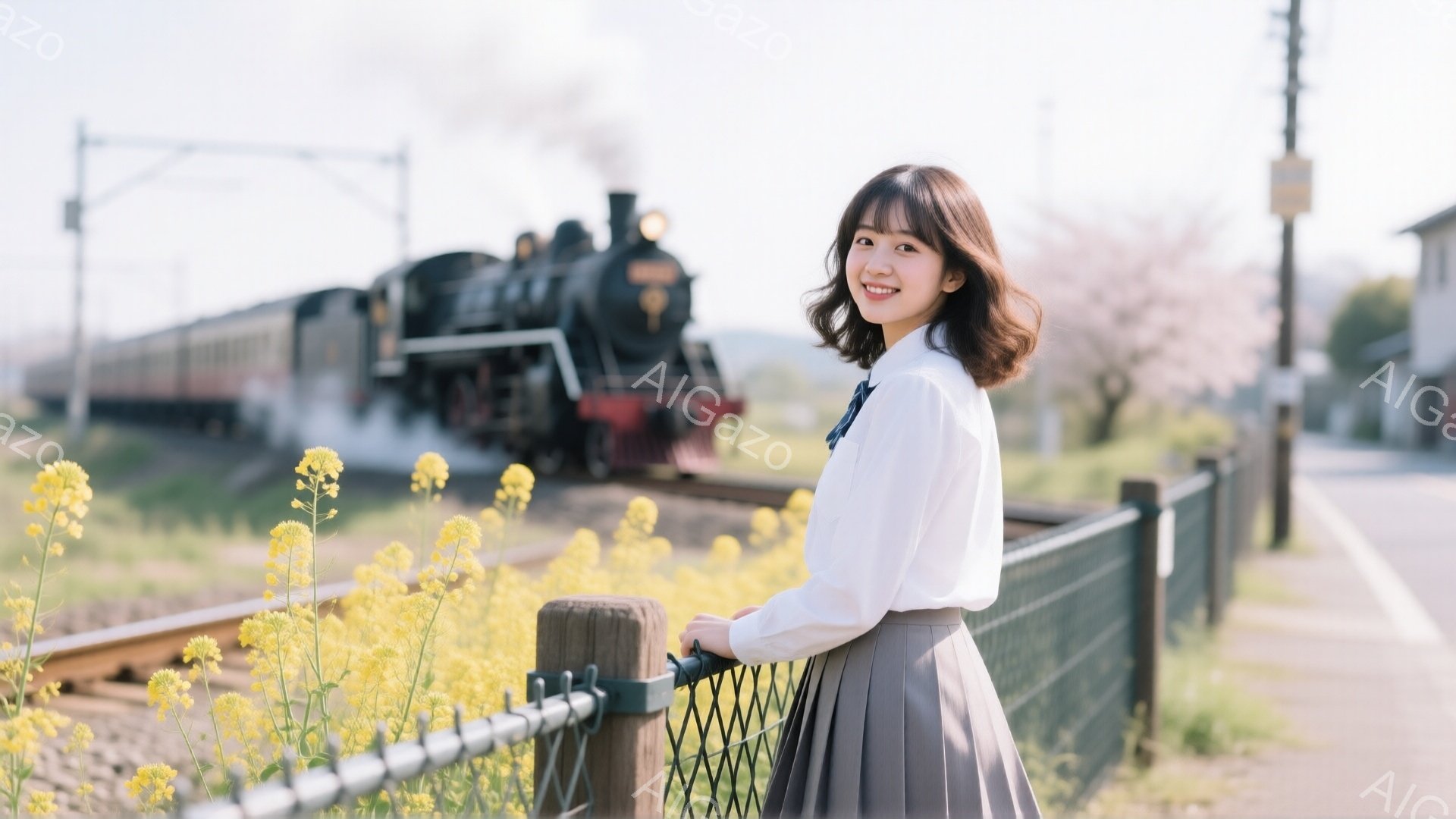 若い女性が黄色い菜の花畑のそばの線路沿いに立っている。彼女は白いシャツと灰色のスカート、ネクタイを着ており、微笑んでいる。背景には蒸気機関車が走り、ぼやけた桜の木と建物が見え、春の穏やかな日を思わせる。