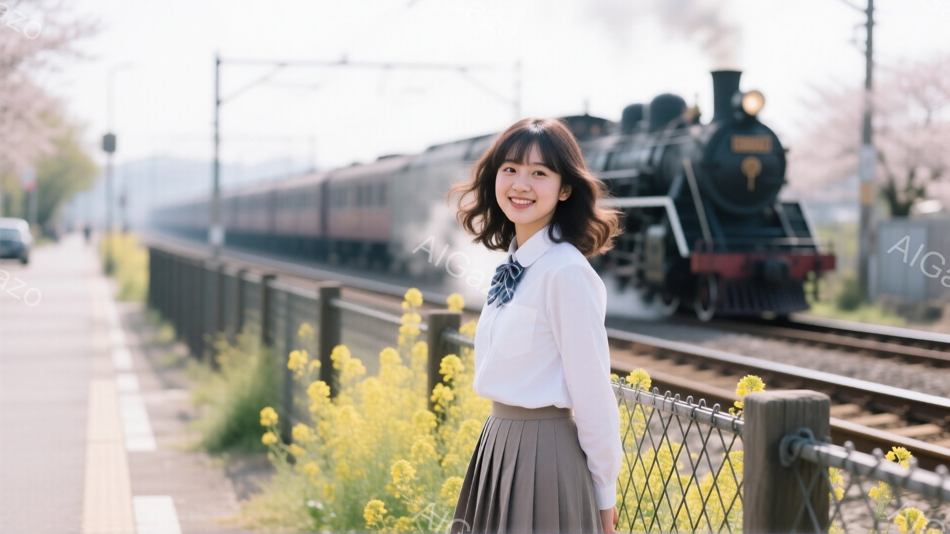 明るい日差しの下、茶色の制服を着た若い女性が写っている。彼女は白いブラウスと茶色のプリーツスカートを着用し、髪は肩までの長さで軽くカールしている。背景には蒸気機関車が線路を走っており、黄色い花が咲き乱れる風景が春の暖かさを感じさせる。