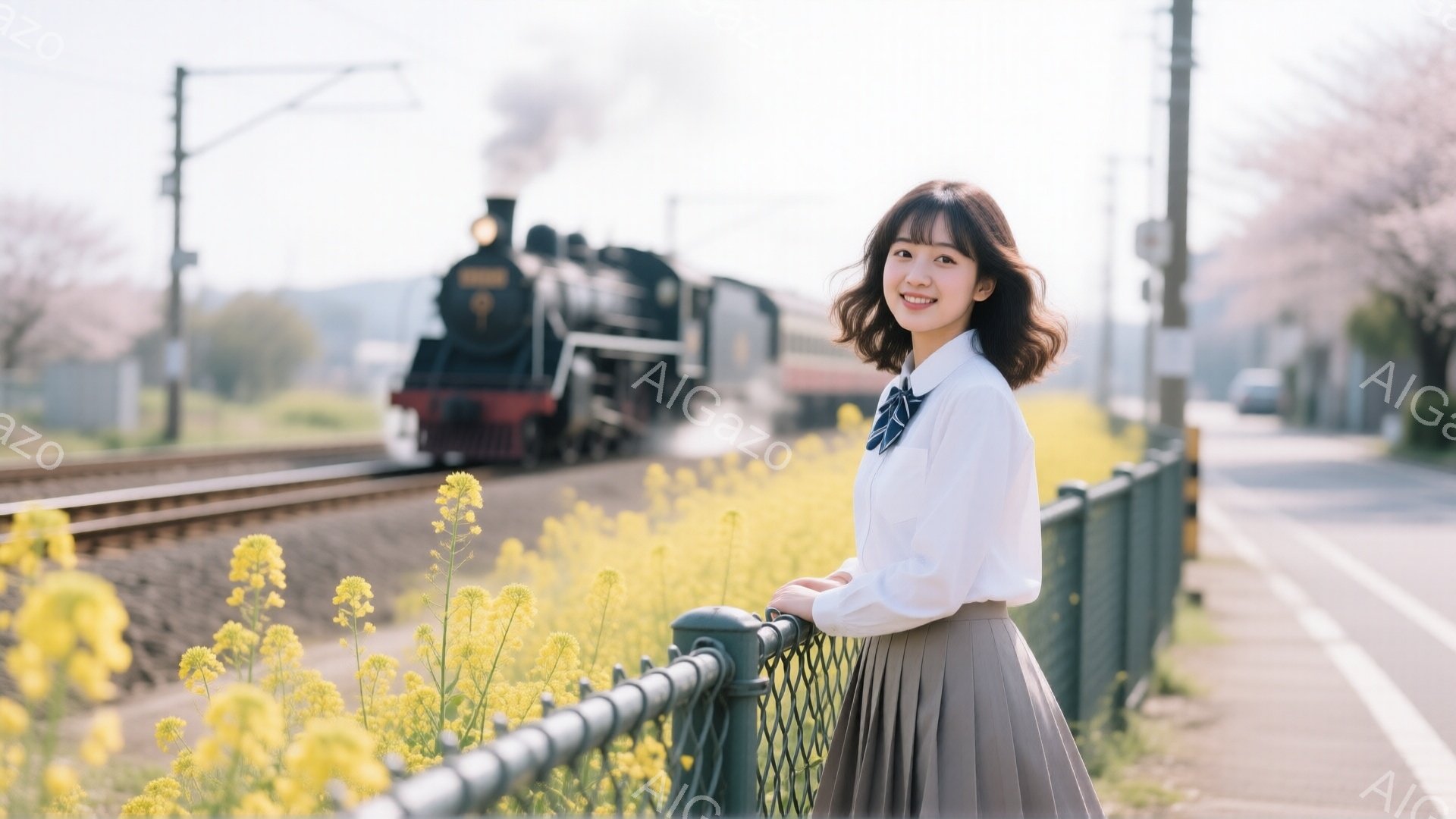 明るい日差しの下、茶色のスカートと白いシャツを着た若い女性が、線路沿いの黄色い菜の花畑で微笑んでいます。彼女は肩まで伸ばした茶髪で、少しカールがかかっています。背景には蒸気機関車が走り、春らしい花と青空が広がり、暖かく穏やかな雰囲気です。