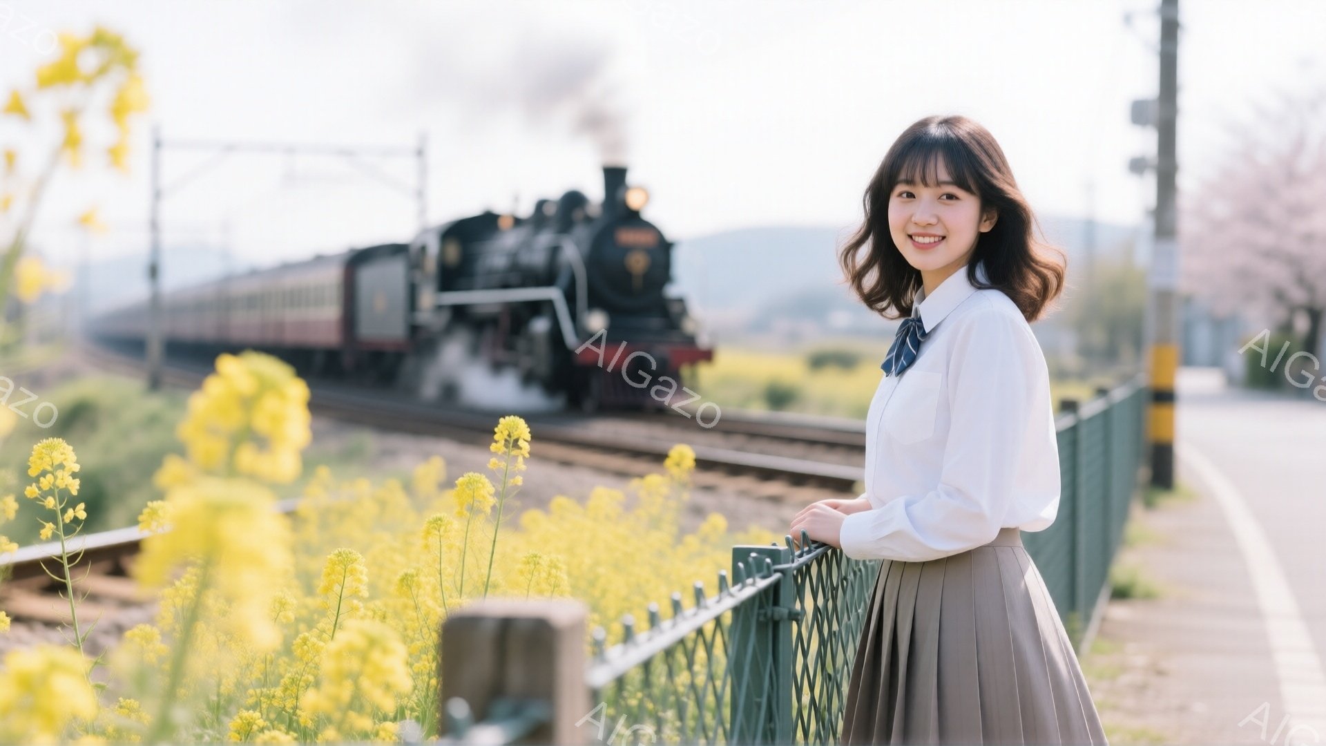 若い女性が線路沿いの菜の花畑で微笑んでいます。白いシャツにグレーのプリーツスカート、そして青いネクタイを着用し、ゆるやかなウェーブのかかった髪は肩にかかっています。背景には蒸気機関車が走り去っており、春の柔らかな日差しの中で、どこか懐かしい雰囲気を感じさせます。