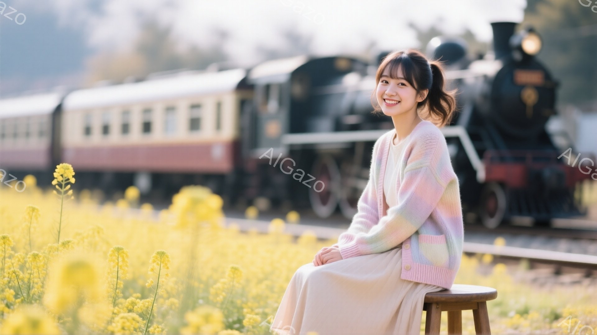 明るい笑顔の女性が黄色い菜の花畑の中にいます。彼女は薄いピンク色のスカートと、パステルカラーのカラフルなカーディガンを着ており、髪はハーフアップにしています。背景には蒸気機関車が線路に沿って走っており、暖かく穏やかな春の日の雰囲気を醸し出しています。