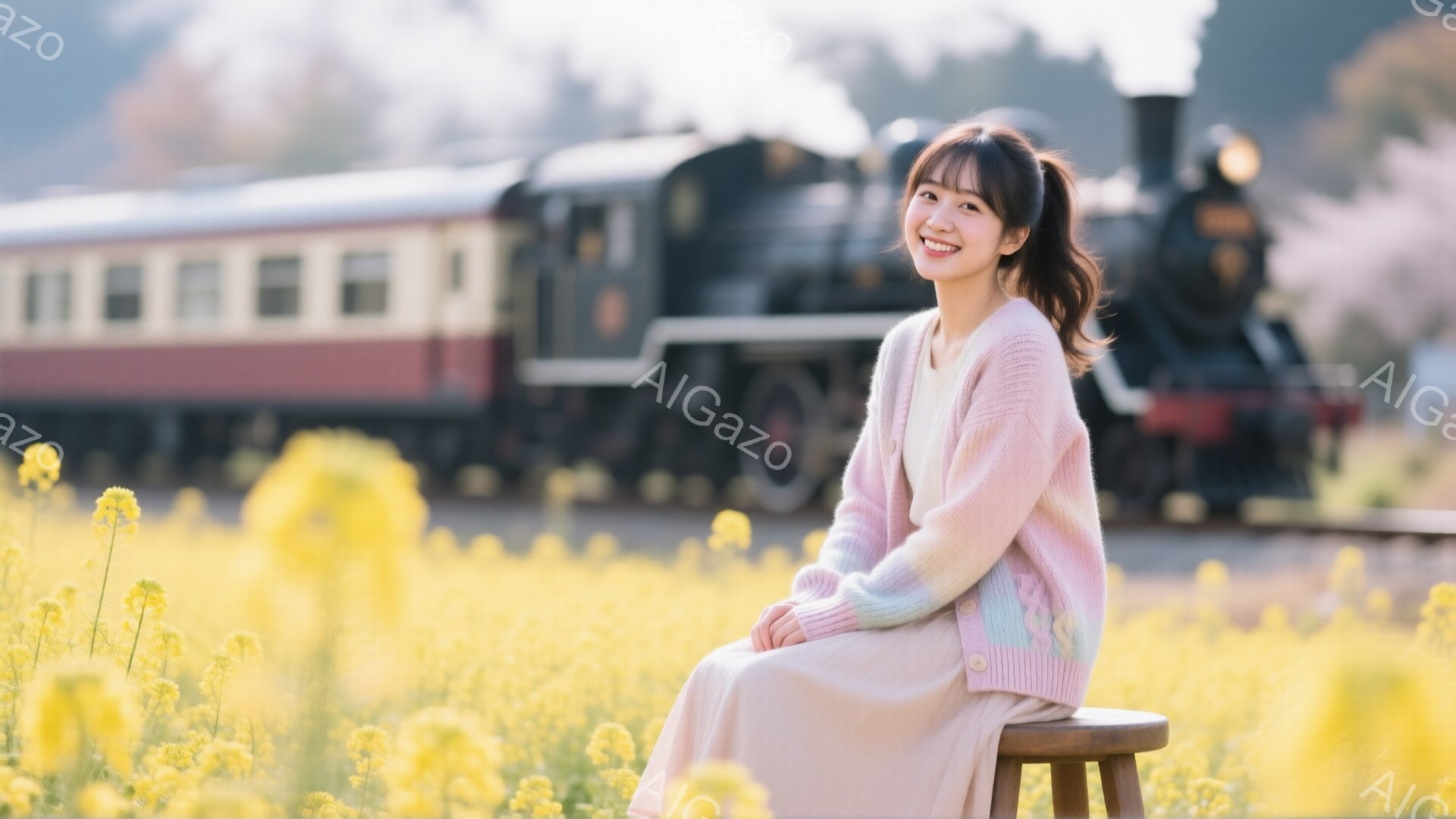 若い女性が黄色い菜の花畑の中に座っている。ピンク色のセーターに薄いピンク色のスカートを身につけ、髪をポニーテールにして微笑んでいる。背景には蒸気機関車がぼやけて写り、春の穏やかな日差しの中で、暖かく優しい雰囲気が漂っている。