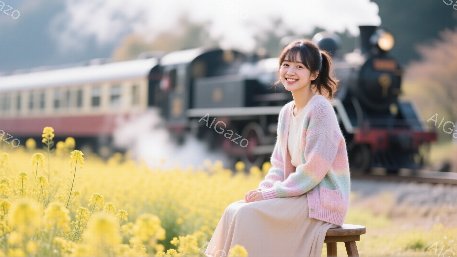 明るい笑顔を浮かべた女性が、黄色い菜の花畑の中に腰掛けている。彼女は、パステルカラーのニットカーディガンと薄いピンク色のスカートを着用し、髪をハーフアップにしている。背景には蒸気機関車が煙を上げながら走っており、暖かく穏やかな春の日の雰囲気が漂っている。