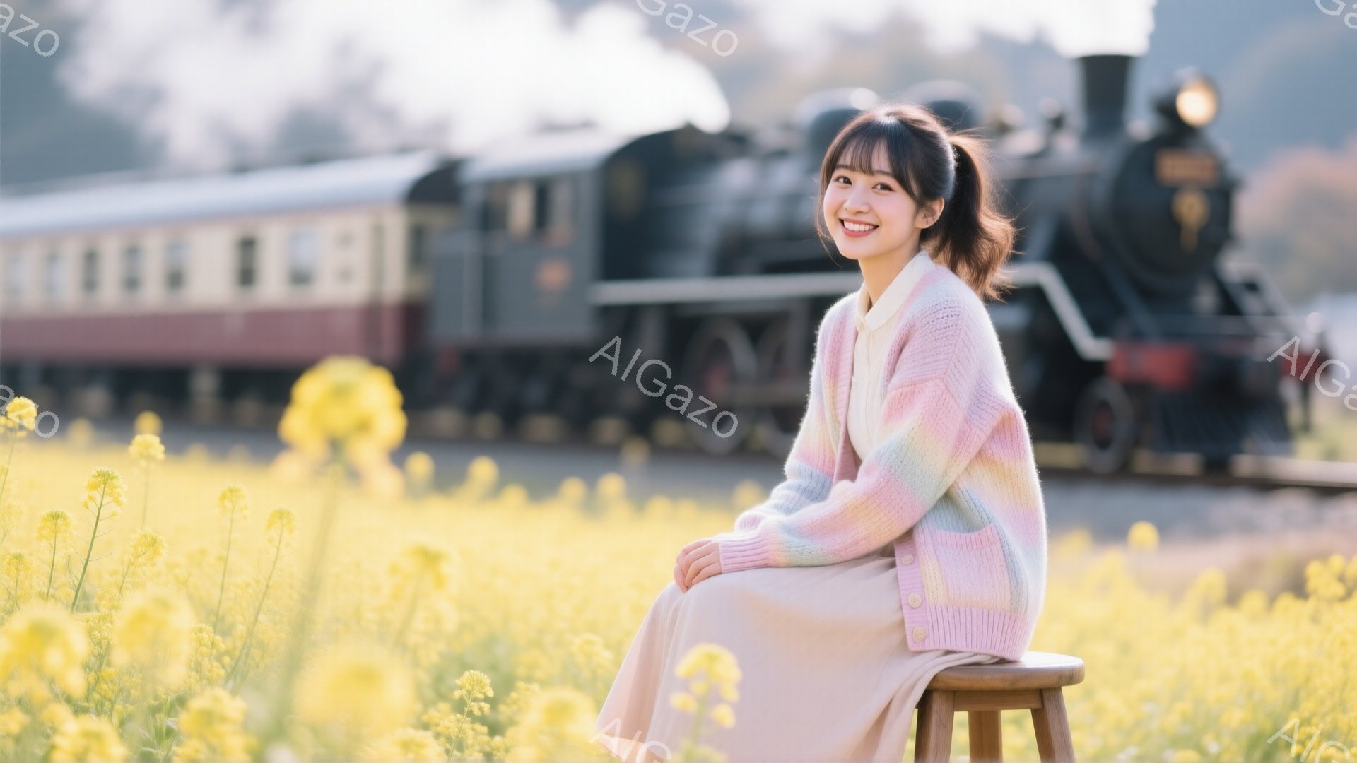 明るい黄色い菜の花畑に、ピンクと紫のグラデーションのカーディガンを着た女性が腰掛けている。彼女は微笑み、髪を後ろで一つにまとめ、リラックスした表情をしている。背景には蒸気機関車がぼやけて写っており、春らしい暖かく穏やかな雰囲気を醸し出している。