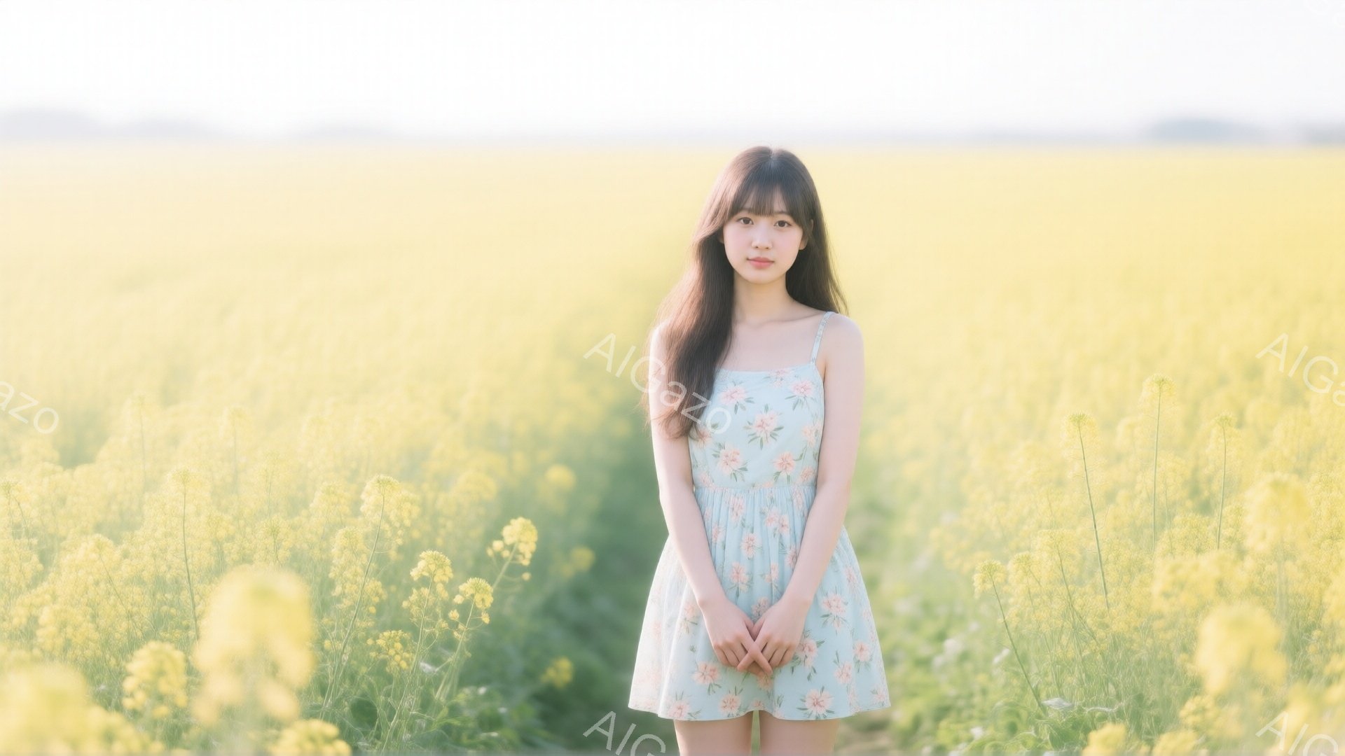 青い花柄のキャミソールワンピースを着た若い女性が、黄色い花畑の真ん中に立っています。彼女は長い黒髪で、少し微笑んでいるように見え、両手を前に組んで控えめな姿勢をとっています。背景は一面に広がる鮮やかな黄色の花畑で、明るい日差しが降り注ぎ、穏やかで牧歌的な雰囲気を醸し出しています。