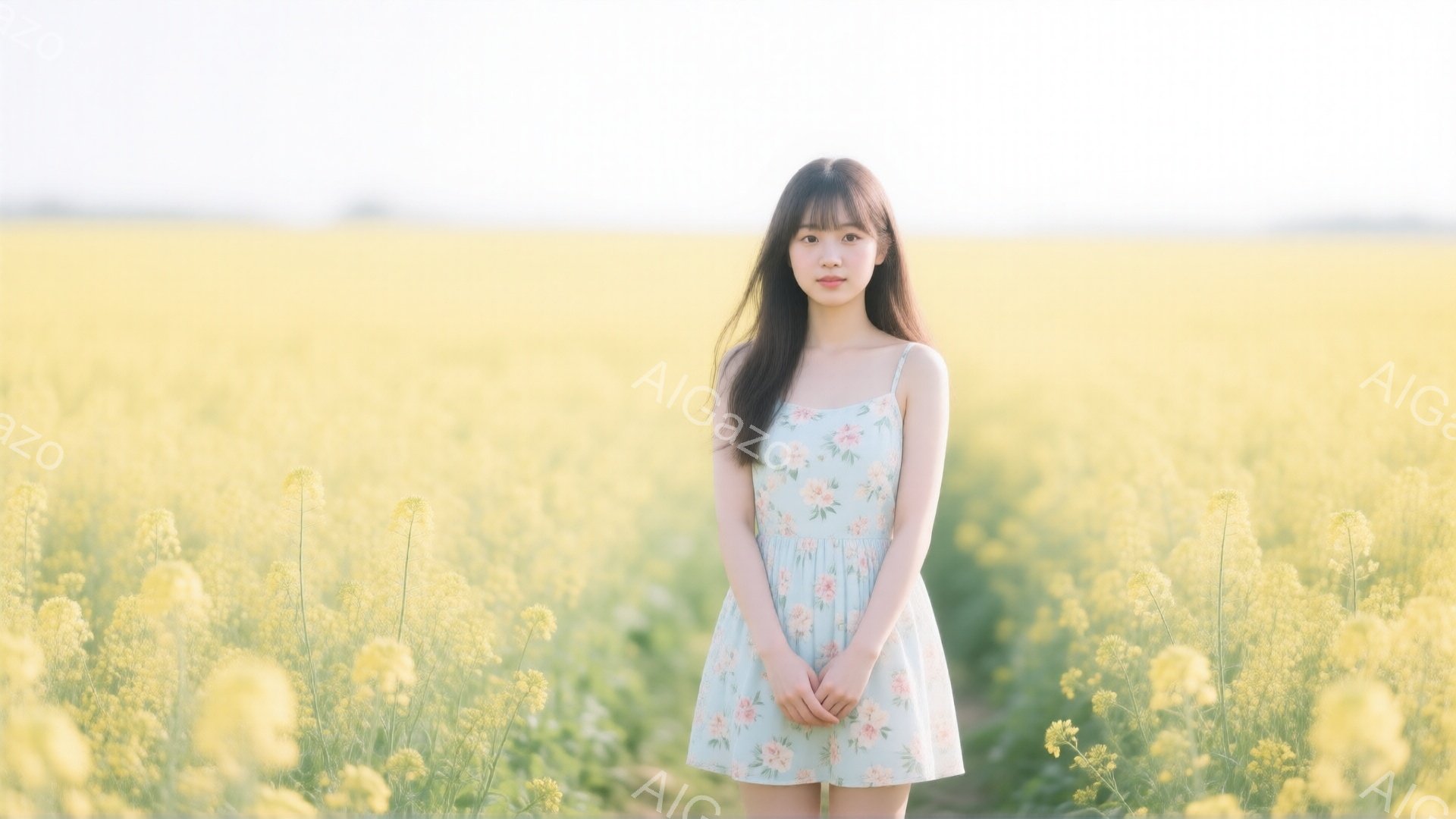 明るい黄色の菜の花畑の中に、短いワンピースを着た若い女性が立っている。彼女は黒髪で、少し微笑んでおり、穏やかな表情をしている。背景は一面の菜の花で、暖かく柔らかな光が全体を包み込み、平和で穏やかな雰囲気を醸し出している。