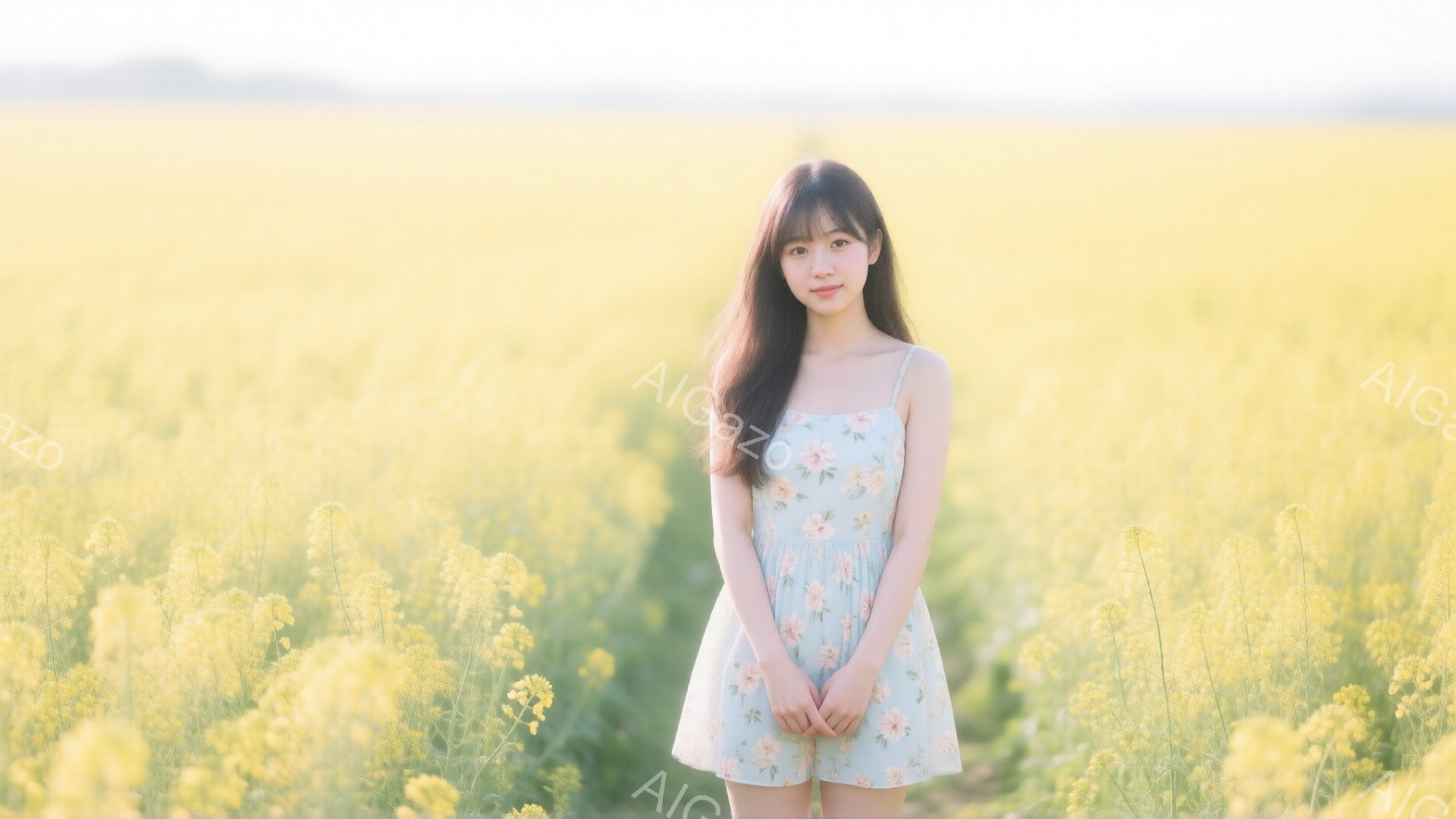 若い女性が菜の花畑の中に立っており、淡い水色の花柄のワンピースを着ています。彼女は長いダークブラウンの髪を肩にかけ、少し微笑みながらカメラを見ています。背景は一面の黄色い菜の花で、柔らかい日差しが差し込み、春の暖かく穏やかな雰囲気を醸し出しています。