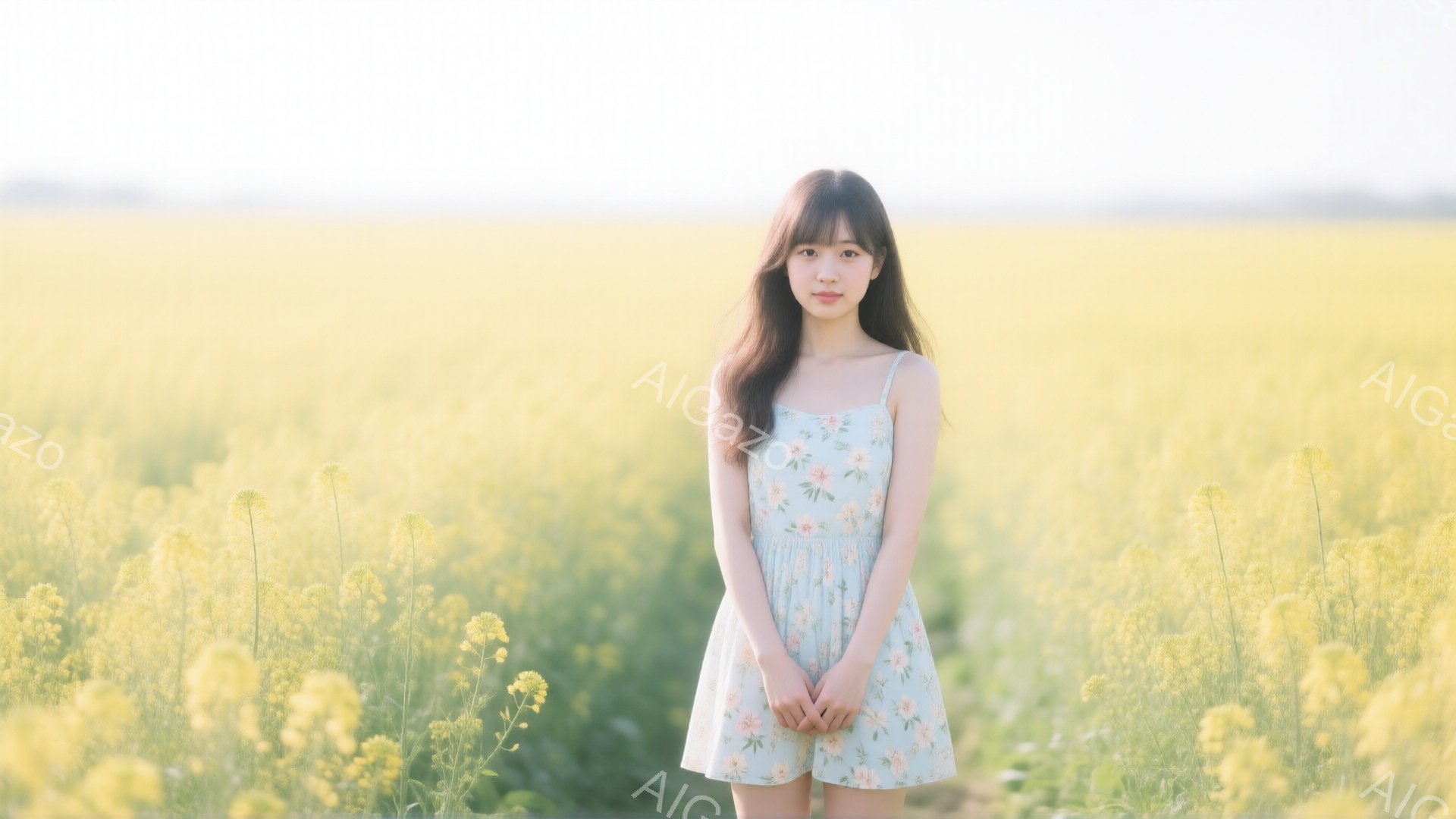 若い女性が、花畑の真ん中に立っています。彼女は、花柄の淡い水色のワンピースを着ており、長くストレートな黒髪が肩にかかっています。穏やかな微笑みを浮かべ、両手を前に組んで少し緊張した様子で立っています。