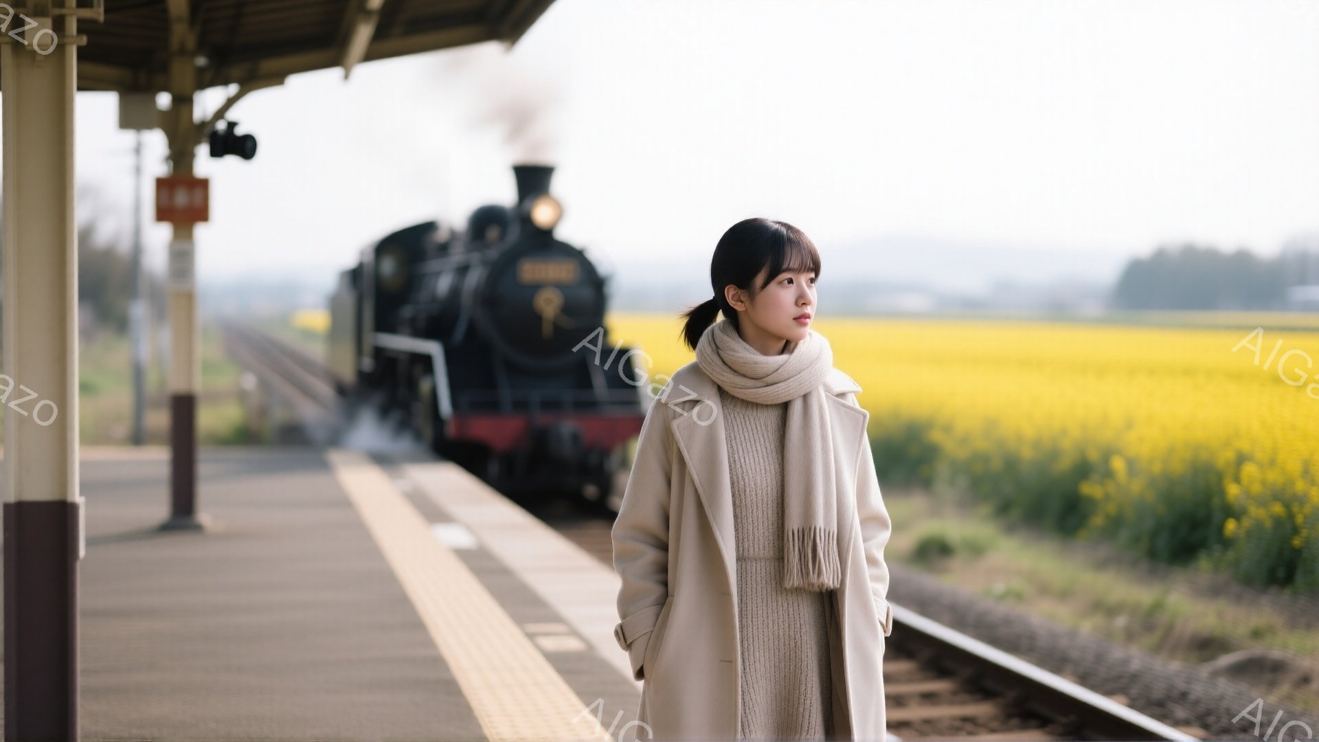 プラットフォームに立つ若い女性は、ベージュのコートとスカーフを身につけ、後ろで髪をポニーテールにまとめています。彼女は少し憂いを含んだ表情で遠くを見つめており、どこか物思いにふけっているようです。背景には蒸気機関車が停車しており、黄色い菜の花畑が広がり、春の穏やかな日差しが降り注いでいます。