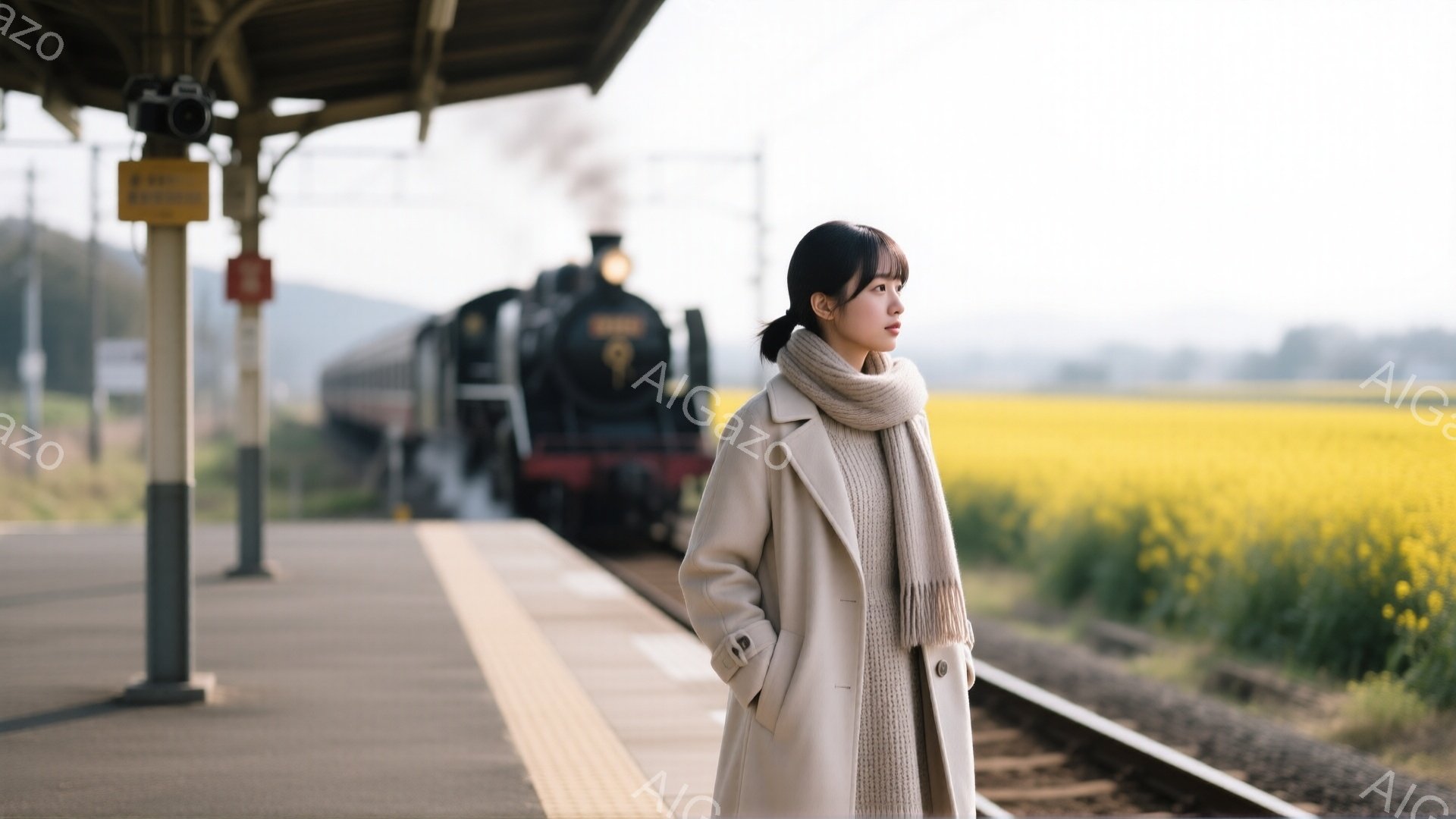 長いベージュのコートとマフラーを巻いた女性が、鉄道のホームに立っている。彼女は少し横を向いており、遠くの景色を物憂げに見つめているようだ。背景には、黄色い菜の花畑が広がり、蒸気機関車がゆっくりとホームに近づいてくる、春の穏やかな一日が描かれている。