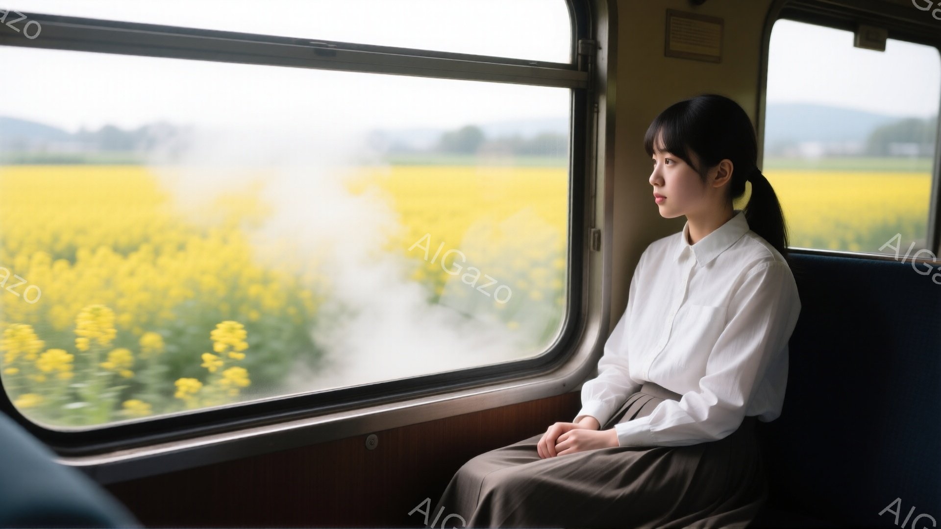 少女は、クリーム色のシャツと茶色のスカートを身に着け、髪を後ろで一つに結んでいます。彼女は列車の窓際の席に座り、遠くに見える菜の花畑を物憂げに見つめています。窓の外には緑の丘と、少し霞んだ空が広がっており、穏やかで少し寂しげな雰囲気が漂っています。