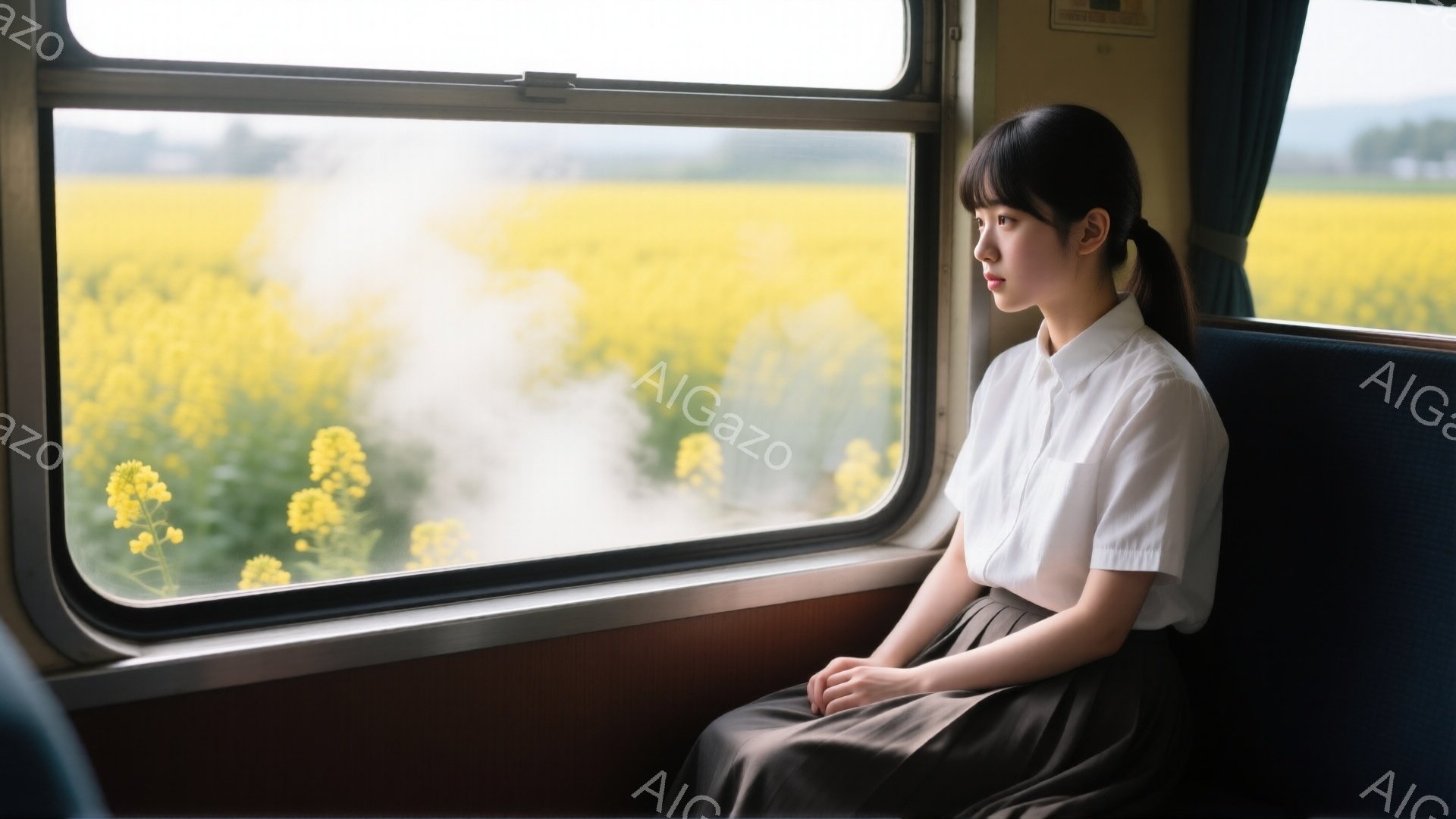 若い女性が列車の窓際に座り、遠くの菜の花畑を見つめている。彼女は白いシャツと濃い茶色のスカートを着用し、髪は後ろで一つに結んでいる。表情は少し物思いにふけっていて、背景にはぼやけた黄色い菜の花畑が広がり、列車の窓には水滴が見られる。