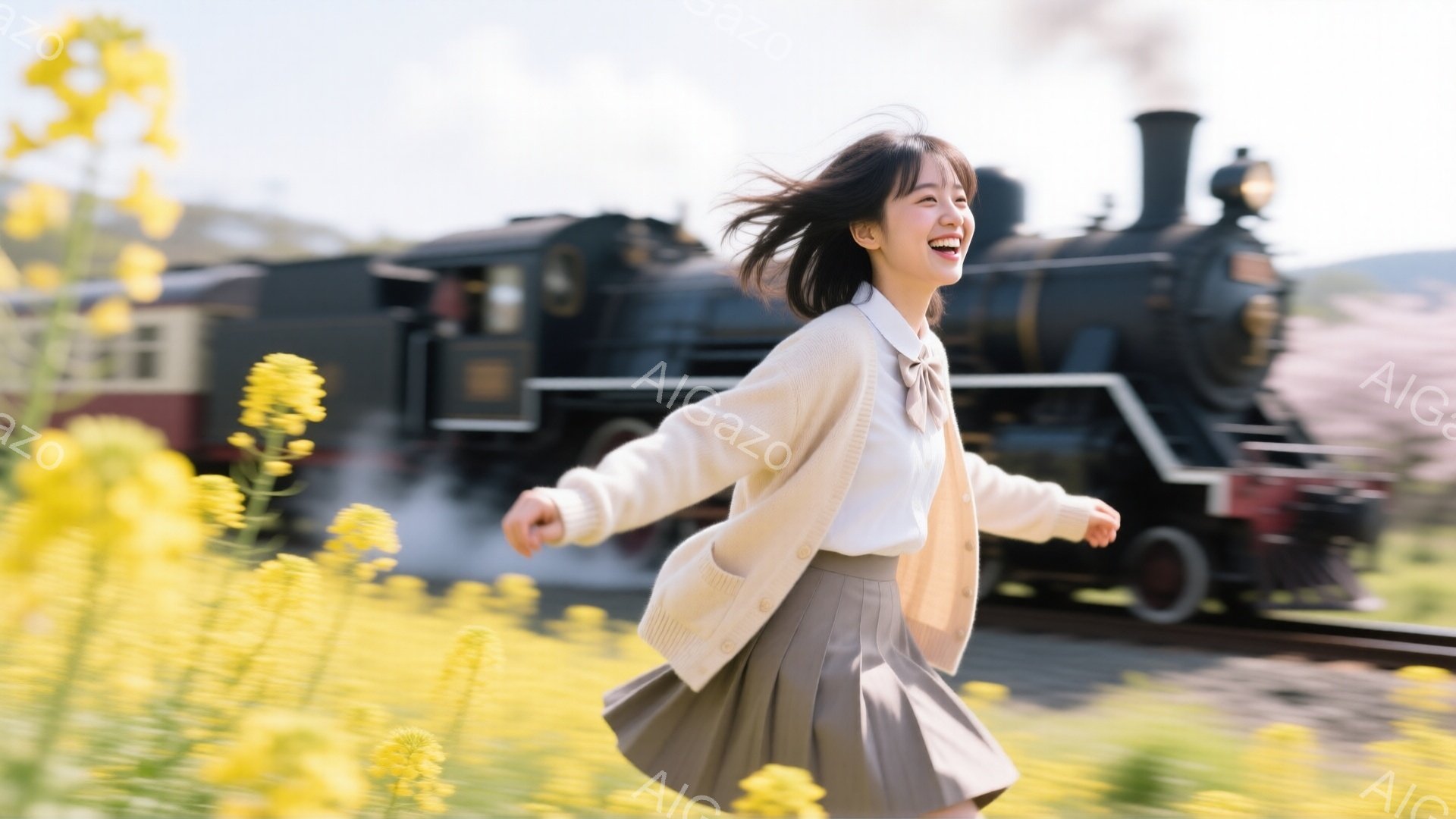 明るい黄色の菜の花畑を、笑顔の若い女性が駆けている。オフホワイトのカーディガンに白いシャツ、グレーのスカートを身につけ、髪は肩下で少し動きのあるヘアスタイルだ。背景には蒸気機関車が煙を上げながら走り去っており、春の暖かく穏やかな日、希望に満ちた雰囲気を醸し出している。