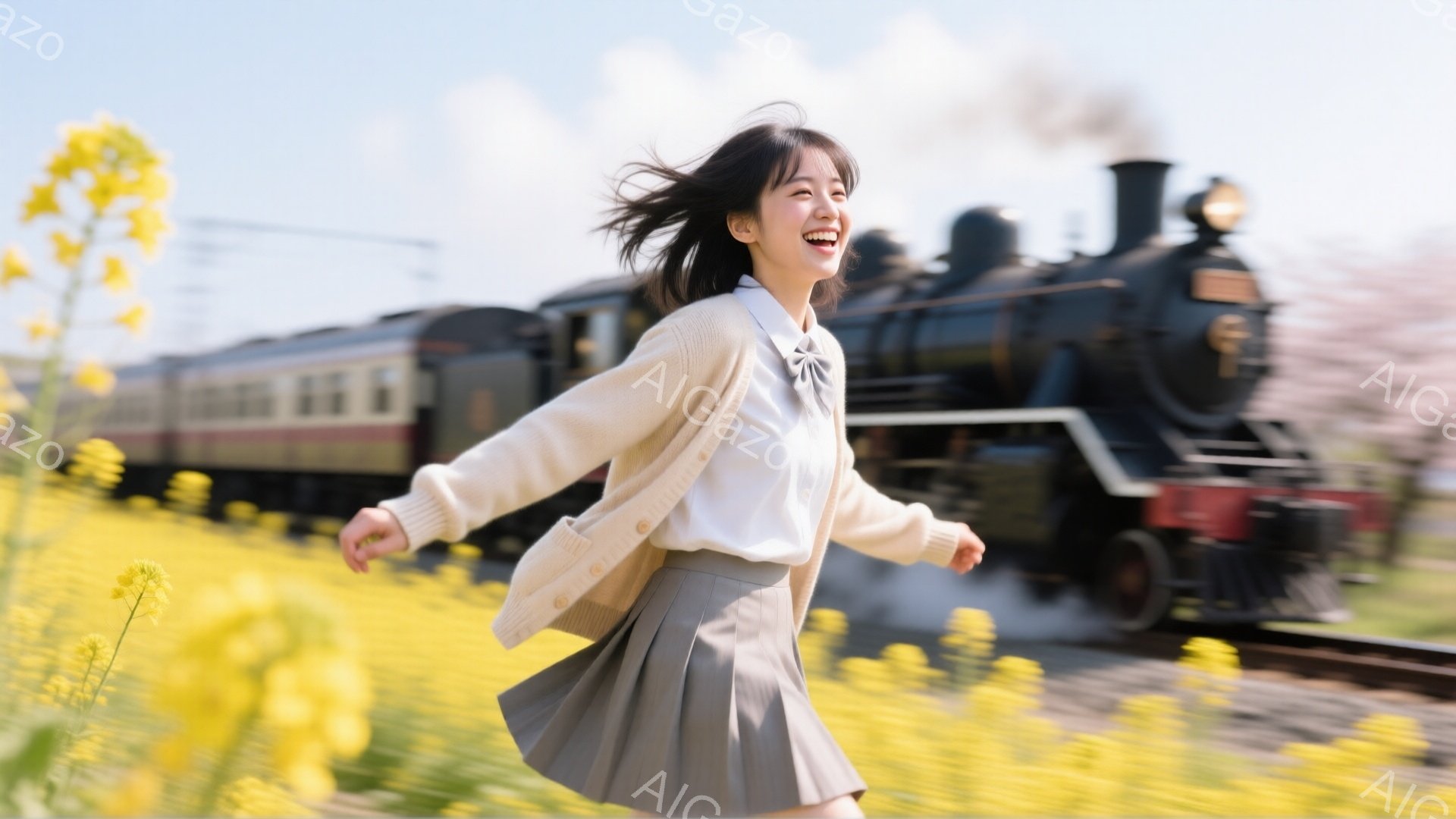 金色の菜の花畑で、若い女性が両手を広げて走っている。ベージュのカーディガン、白いブラウス、グレーのプリーツスカートを着ており、笑顔で楽しそうにしている。背景には蒸気機関車が煙を上げながら走り、春の暖かな日差しの中、花と女性と列車の風景が生き生きと描かれている。