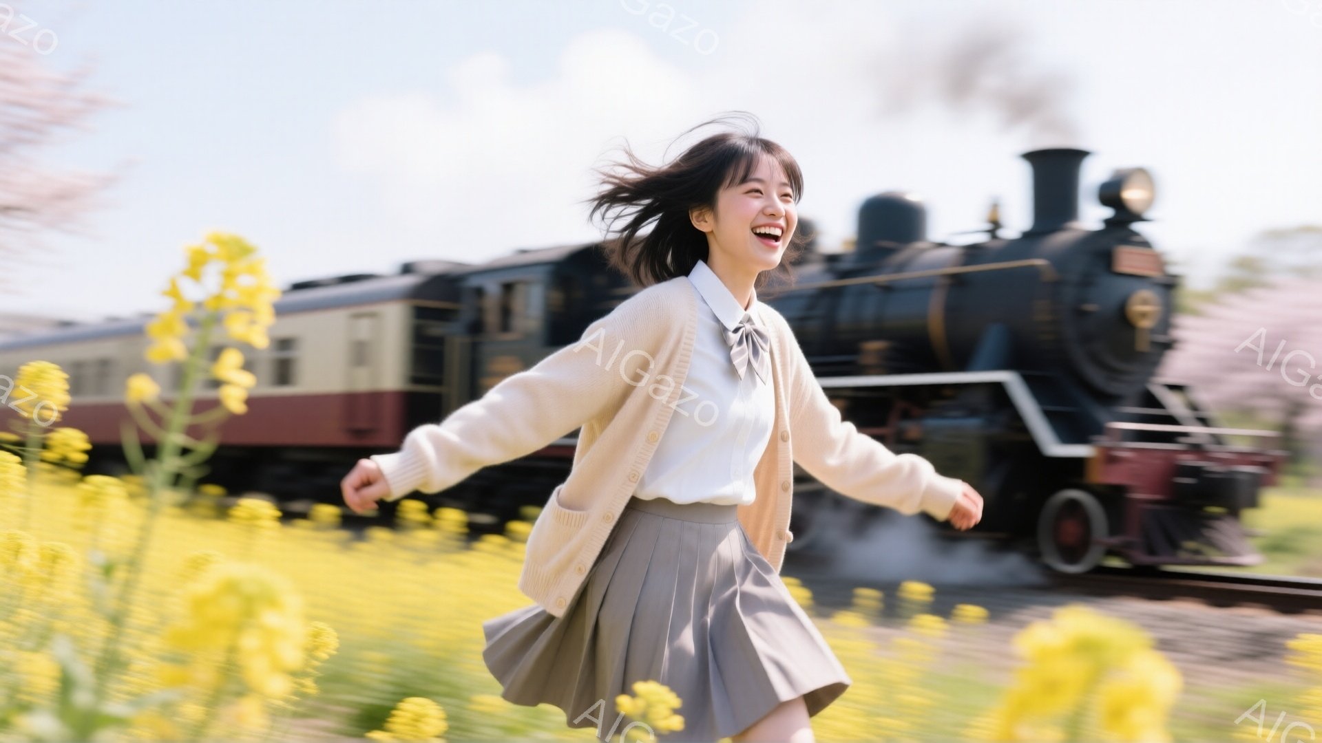 長い髪を振りながら、少女が菜の花畑を駆け抜けている。白いシャツにベージュのカーディガン、そしてグレーのプリーツスカートという制服のような服装で、表情は明るく楽しげだ。背景には蒸気機関車が走り去っており、春の穏やかな日差しと菜の花の黄色が、希望に満ちた温かい雰囲気を醸し出している。