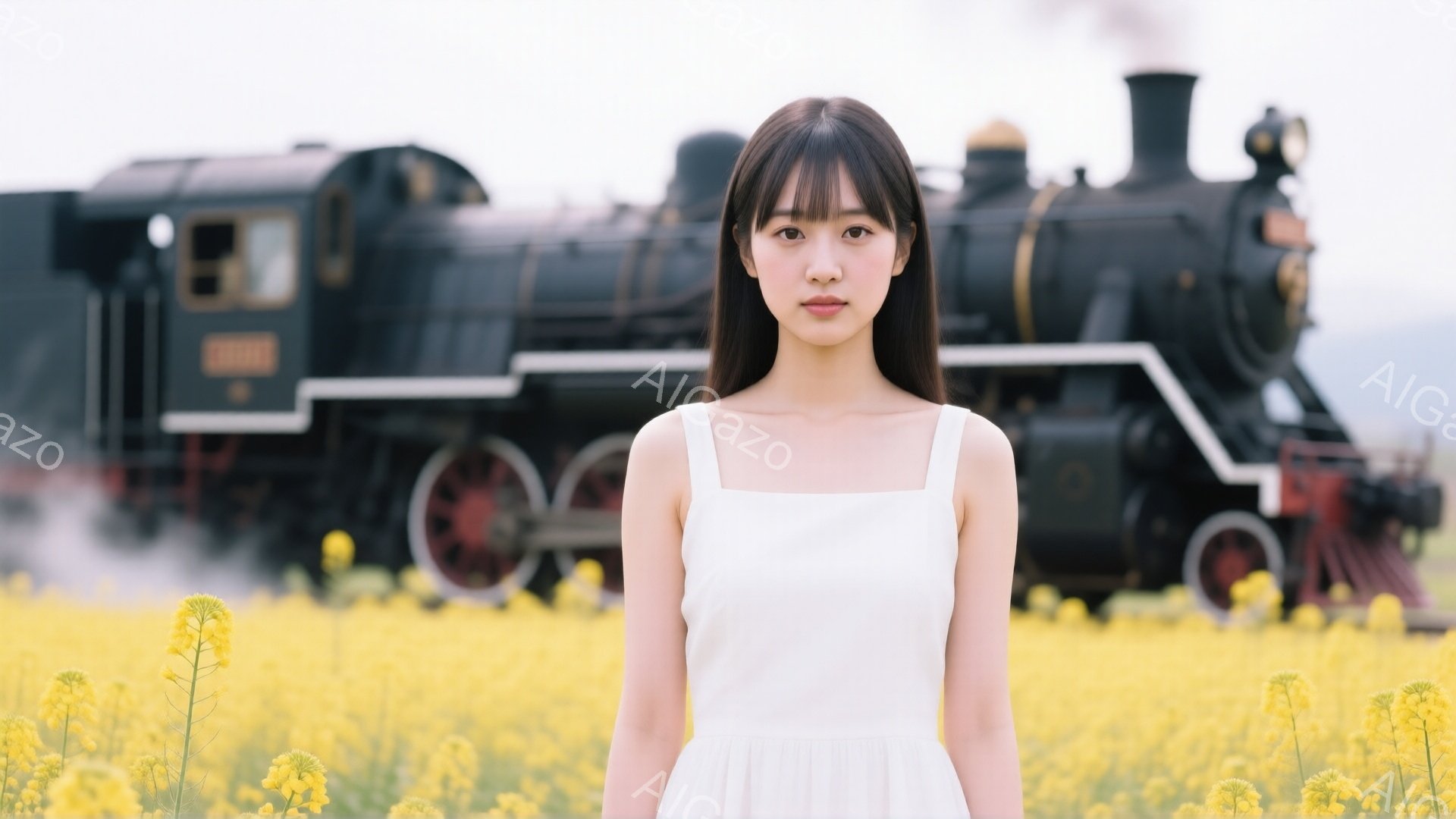 明るい黄色い菜の花畑の中に、白いワンピースを着た若い女性が立っている。彼女は黒髪で、前髪は眉毛にかかる程度にカットされており、表情は穏やかで少し微笑んでいるように見える。背景には蒸気機関車がぼやけて写っており、蒸気を上げている様子から、どこか懐かしいノスタルジックな雰囲気が漂っている。