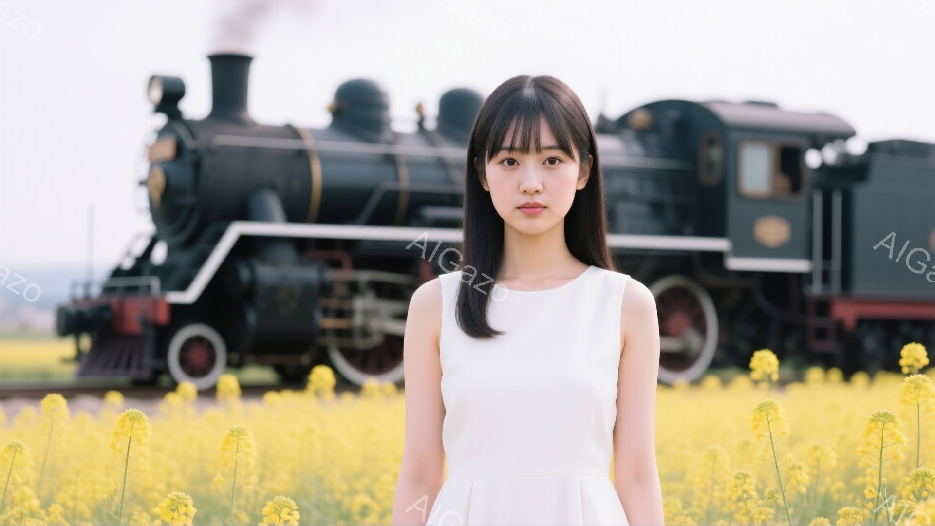 黒い髪を肩まで伸ばした若い女性が、白いワンピースを着て正面を見つめている。背景には蒸気機関車がぼやけて写っており、手前に黄色い菜の花畑が広がり、春の穏やかな日差しを感じさせる。彼女の表情は落ち着いており、全体的に優しい雰囲気の写真である。