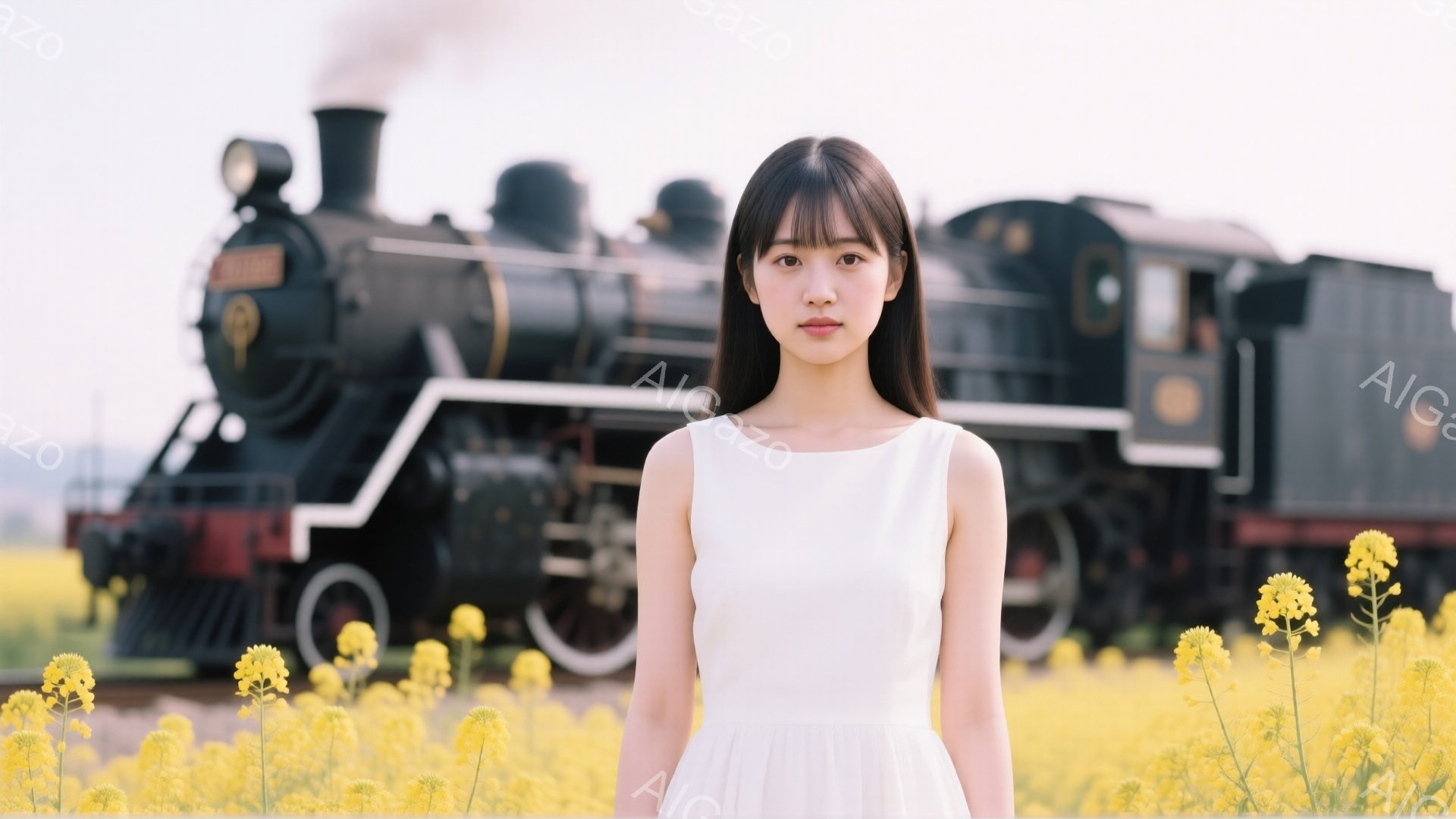 白いワンピースを着た若い女性が、鮮やかな黄色い菜の花畑の中に立っています。彼女はストレートの黒髪で、穏やかな表情を浮かべてカメラを見つめています。背景には蒸気機関車がぼんやりと見え、菜の花畑と合わせてどこか懐かしい雰囲気を醸し出しています。