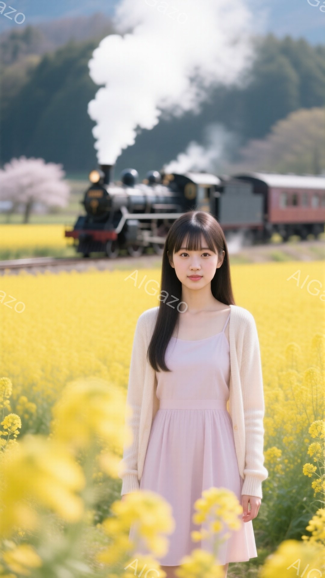 長い黒髪をセンターパートにした若い女性が、淡いピンク色のワンピースとベージュのカーディガンを着て、黄色い菜の花畑の中に立っている。彼女は正面をまっすぐ見ており、穏やかな表情をしている。背景には蒸気機関車が走り、菜の花畑と桜並木が広がり、春の暖かく穏やかな雰囲気を醸し出している。