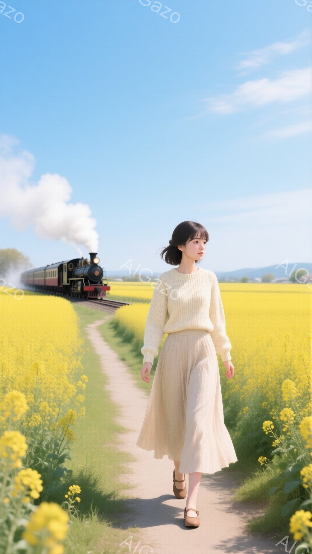 金色の菜の花畑を、ベージュのセーターとプリーツスカートの女性が歩いている。彼女は暗い髪を耳にかかり、少し憂いを帯びた表情で、遠くを見つめている。背景には蒸気機関車が走り、晴天の下、春の穏やかな雰囲気が漂っている。