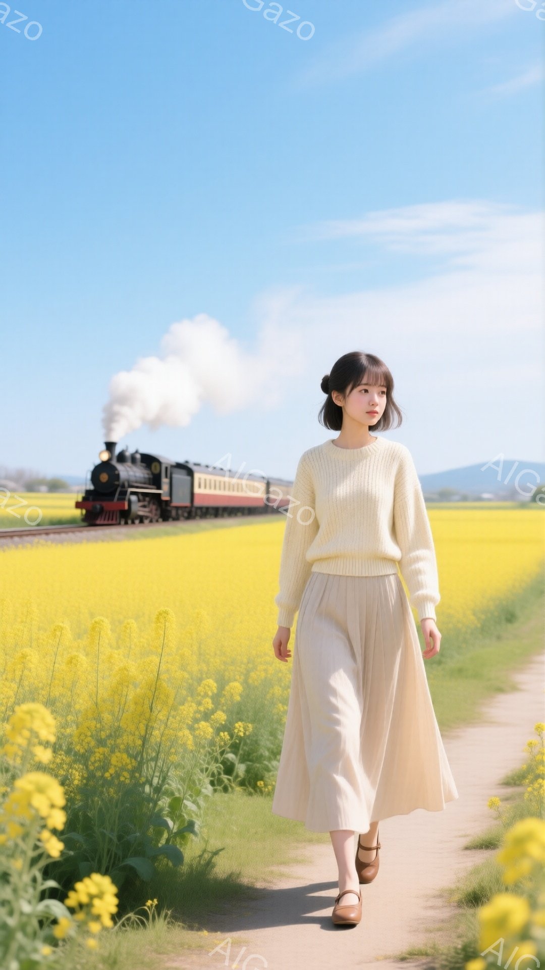 若い女性が菜の花畑の中を歩いている。彼女はクリーム色のセーターとスカートを身に着け、茶色のローファーを履いている。背景には蒸気機関車が走り、青空と菜の花畑が広がり、穏やかで平和な雰囲気を醸し出している。