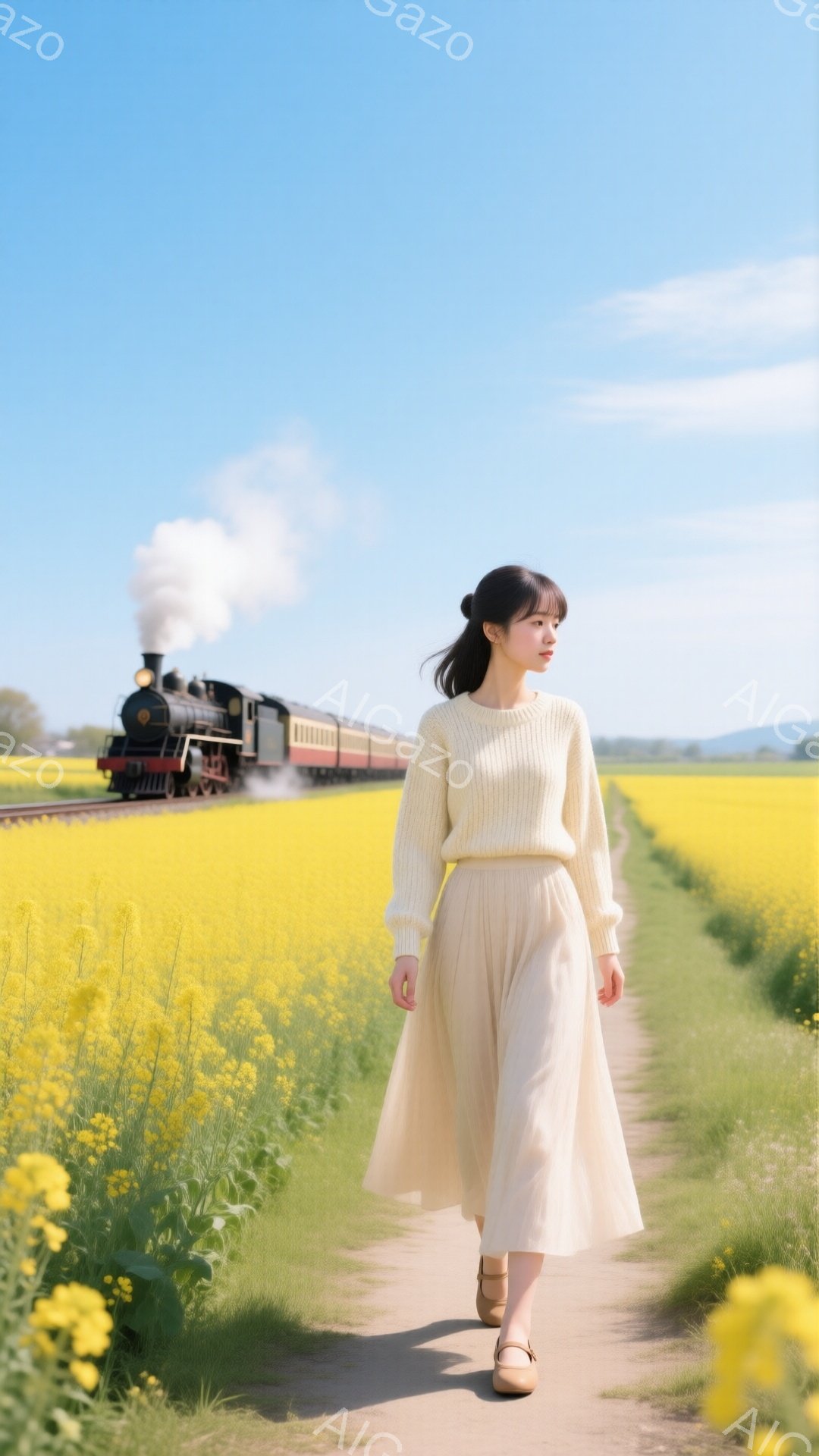 少女は、黄色い菜の花畑の中を歩いている。クリーム色のセーターと、ふんわりとしたプリーツスカートを身に着け、髪は後ろで結んでいる。背景には蒸気機関車が走り、晴天の下、穏やかでノスタルジックな雰囲気を醸し出している。