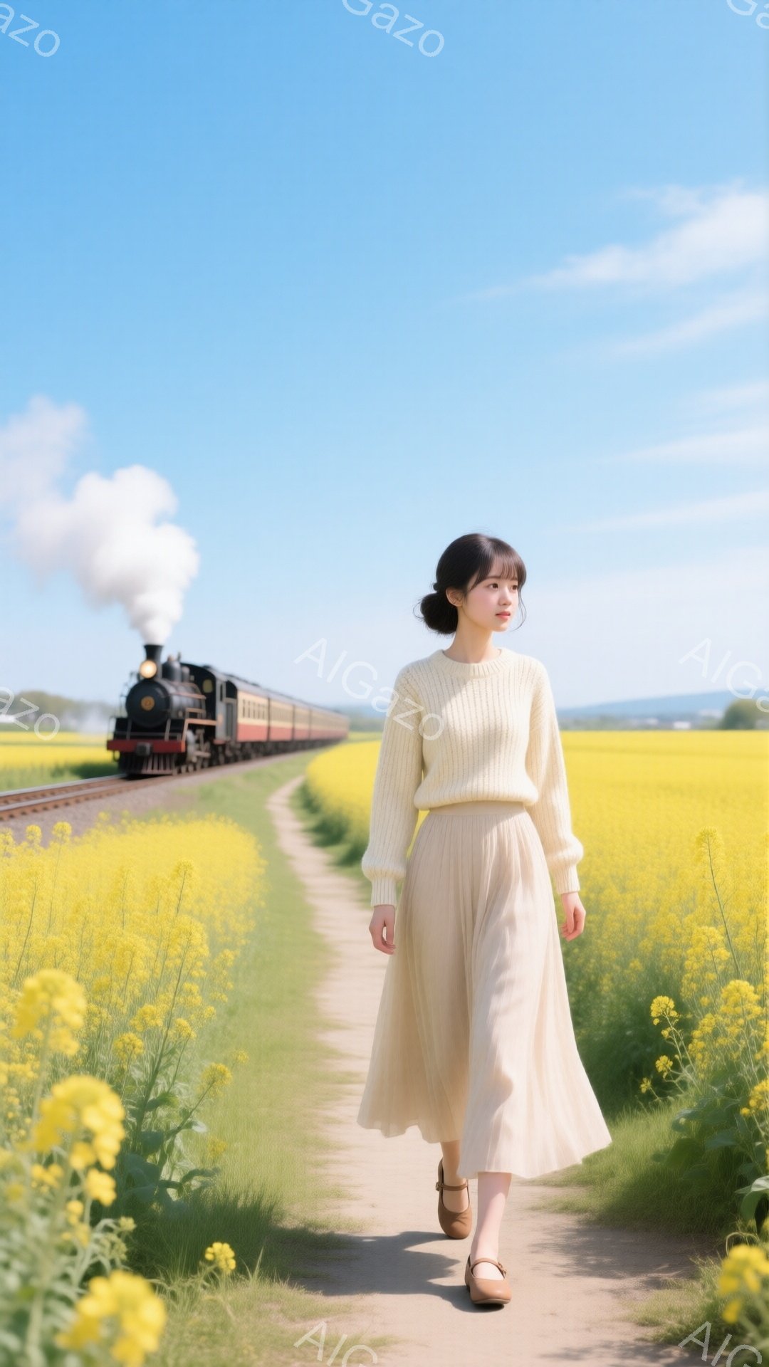 明るい青空の下、黄色い菜の花畑を歩く女性が写っている。ベージュのセーターとプリーツスカートを身につけ、髪は後ろで一つにまとめられている。背景には蒸気機関車が走り、春の穏やかな雰囲気が漂っている。