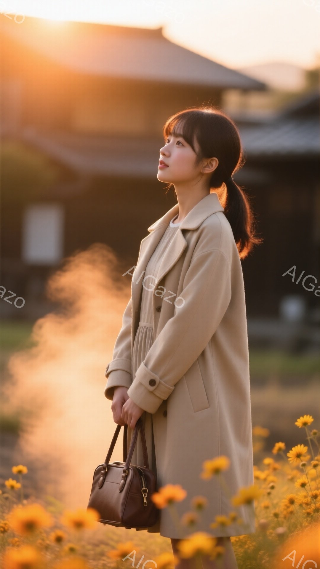 明るいベージュ色のコートを羽織った女性が、黄色い花畑の中で上を見ている。彼女はダークブラウンの髪をハーフアップにしており、穏やかな表情でどこかを見つめている。背景には伝統的な日本の家屋が見え、夕焼けの - AI生成フリー素材