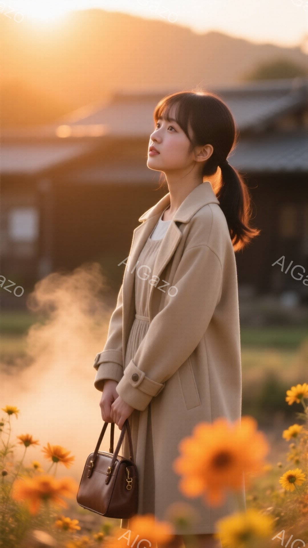 明るいオレンジ色の花々に囲まれ、ベージュ色のコートを羽織った女性が描かれている。彼女は少し上を見つめ、髪をハーフアップにしており、穏やかで物憂げな表情をしている。背景にはぼやけた木造建築と、夕焼けのような暖かな光が広がり、全体的にノスタルジックで優しい雰囲気を醸し出している。