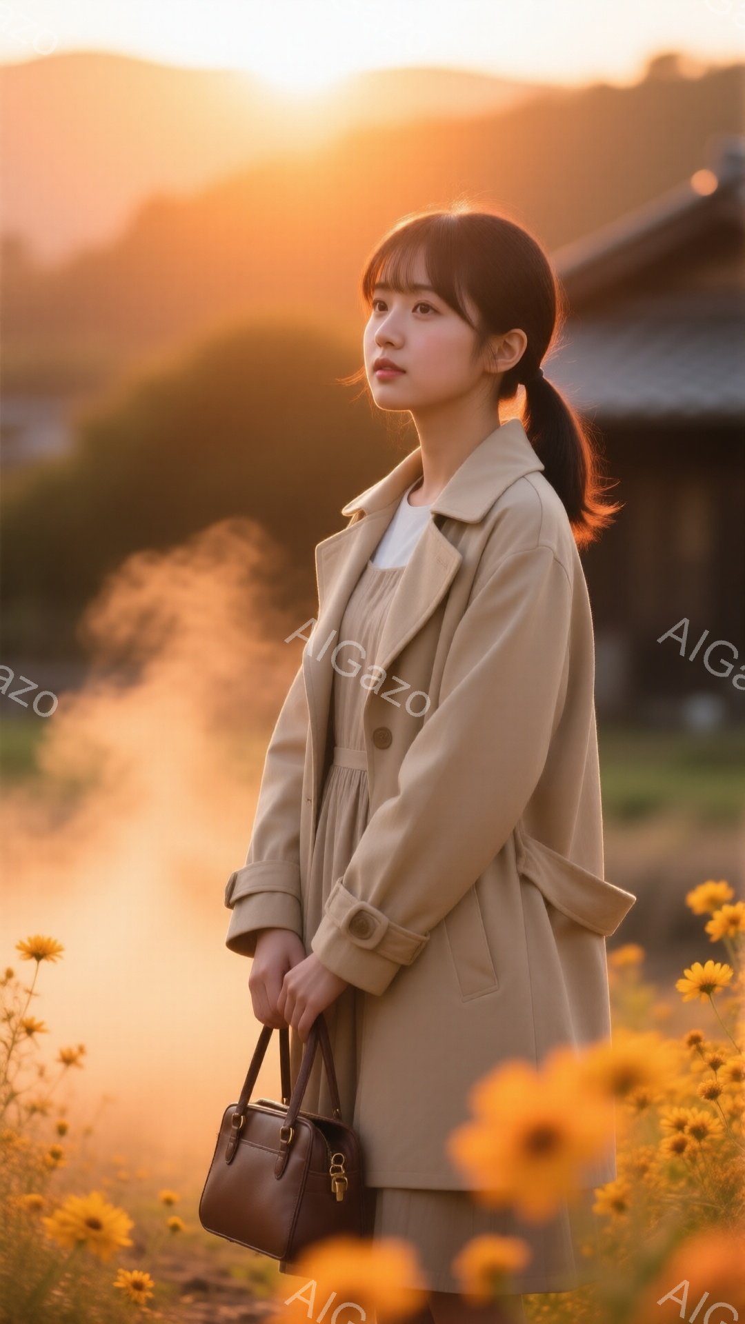 明るい茶色のトレンチコートを着た若い女性が、少し横を向いて立っています。彼女は黒髪のポニーテールで、穏やかな表情を浮かべています。背景にはぼやけた緑の草地と、夕暮れ時のオレンジ色の空が広がっており、黄 - AI生成フリー素材
