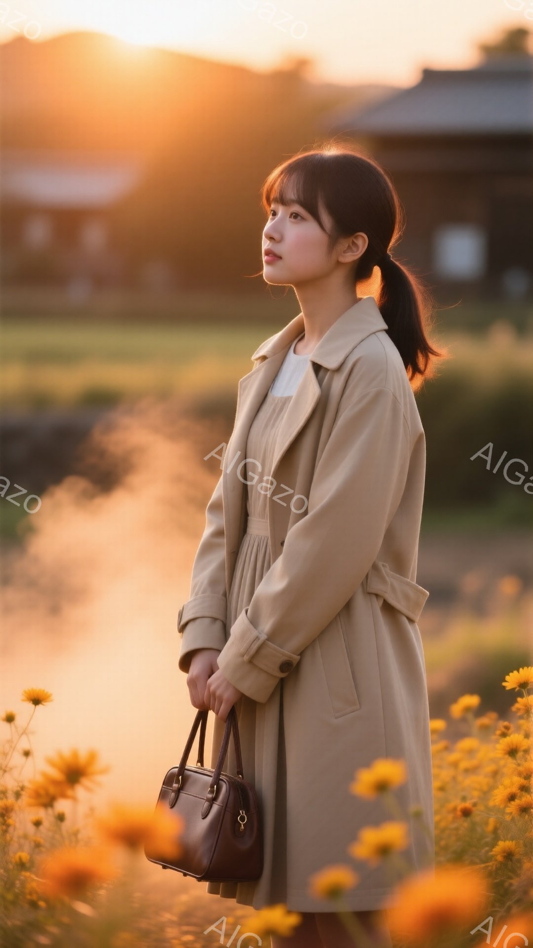 金色の夕焼けを背景に、ベージュ色のトレンチコートを着た若い女性が立っている。彼女は髪を後ろで一つにまとめ、少し横を向いて遠くを見つめている表情はどこか物憂げだ。周囲には黄色い花が咲き乱れ、日本の古い家屋がぼんやりと見える。
