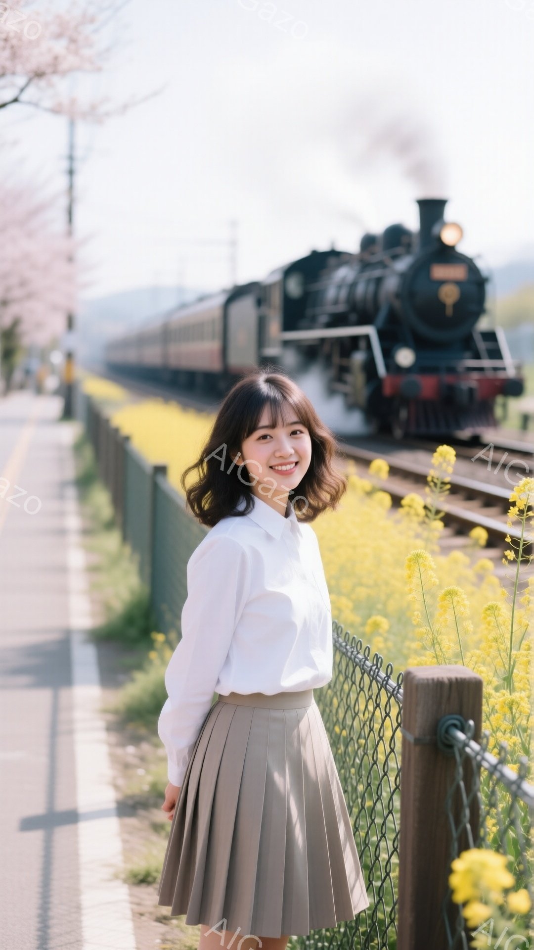 若い女性が、黄色い菜の花畑と蒸気機関車を背景に、フェンスにもたれて微笑んでいます。白いシャツとベージュのプリーツスカートを着用し、肩までの長さの茶髪を耳にかけるヘアスタイルです。春の暖かな日差しの中、桜の花びらが舞い散る、穏やかで明るい雰囲気の風景です。