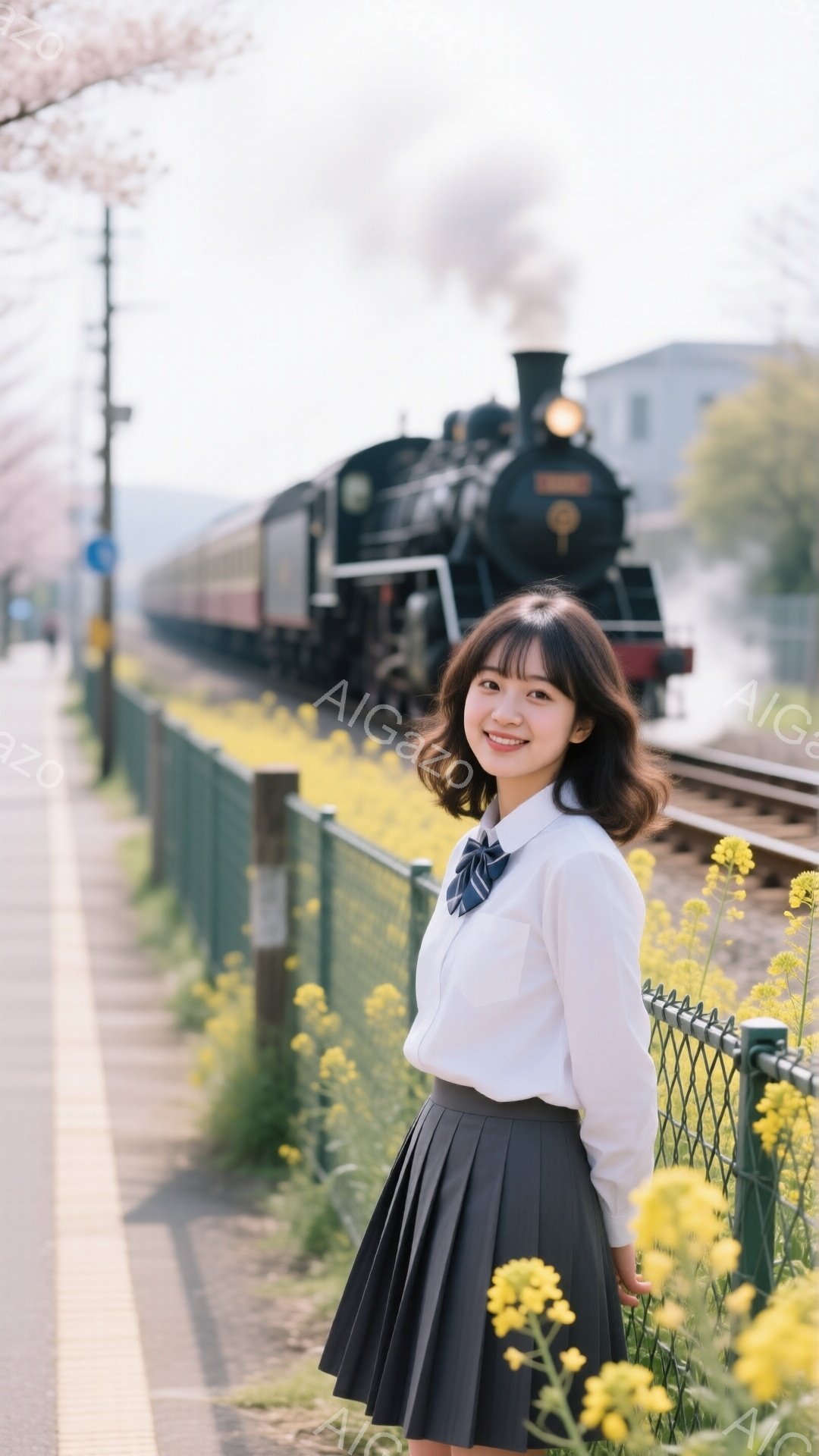 若い女性が線路沿いの黄色い花畑で微笑んでいます。彼女は白いシャツにネクタイ、黒のプリーツスカートを身につけ、肩までの長さの茶色の髪をしています。背景には蒸気機関車が走り、春の穏やかな晴天のもと、レトロでノスタルジックな雰囲気を醸し出しています。