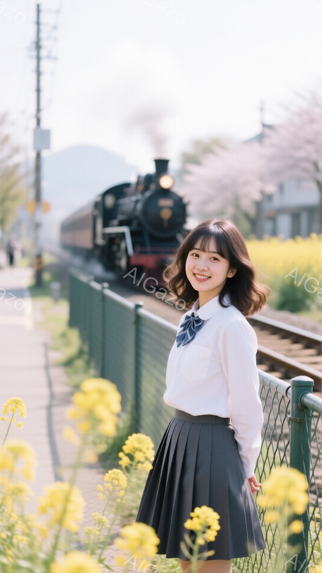 画像には、制服を着た若い女性が写っています。彼女は白いシャツにネクタイ、プリーツスカートを着用し、少し微笑んでいます。背景には蒸気機関車と菜の花畑が広がり、春の穏やかな日差しの中で、レトロで明るい雰囲気が漂っています。