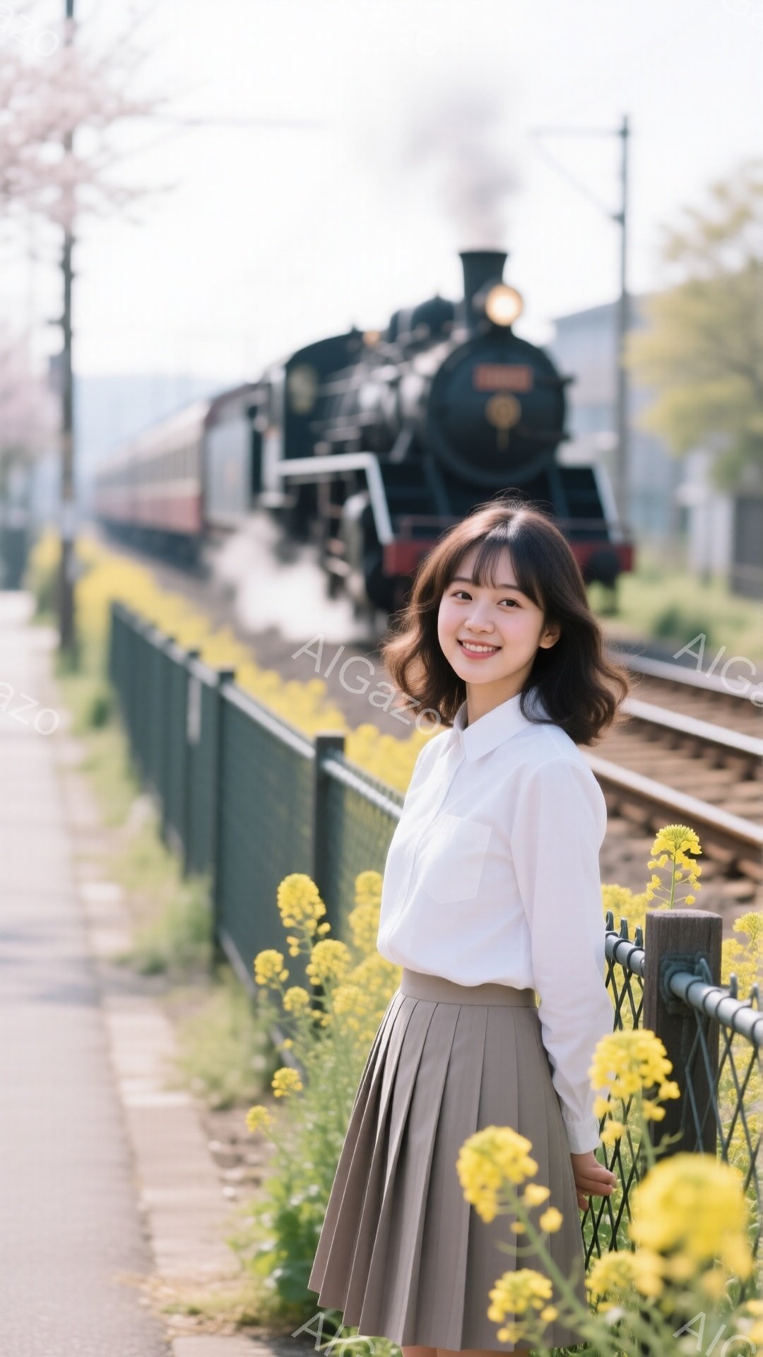 白いブラウスとベージュのスカートを身に着けた若い女性が、線路脇の黄色い花畑で微笑んでいます。彼女は少し体を傾け、リラックスした姿勢でカメラに向かって穏やかに微笑んでいます。背景には蒸気機関車が走り、青空と緑豊かな風景が広がり、春の穏やかな雰囲気を醸し出しています。